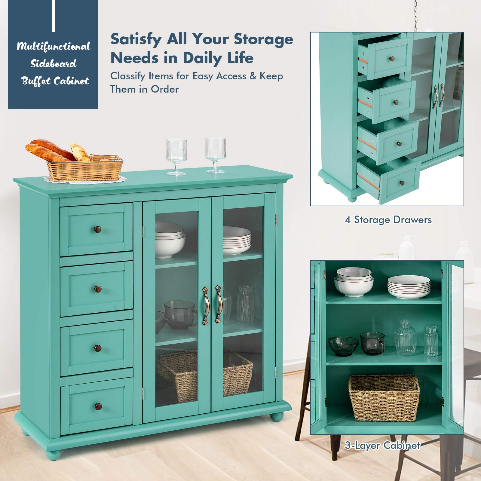 Buffet Sideboard with 4 Drawers and Glass Doors