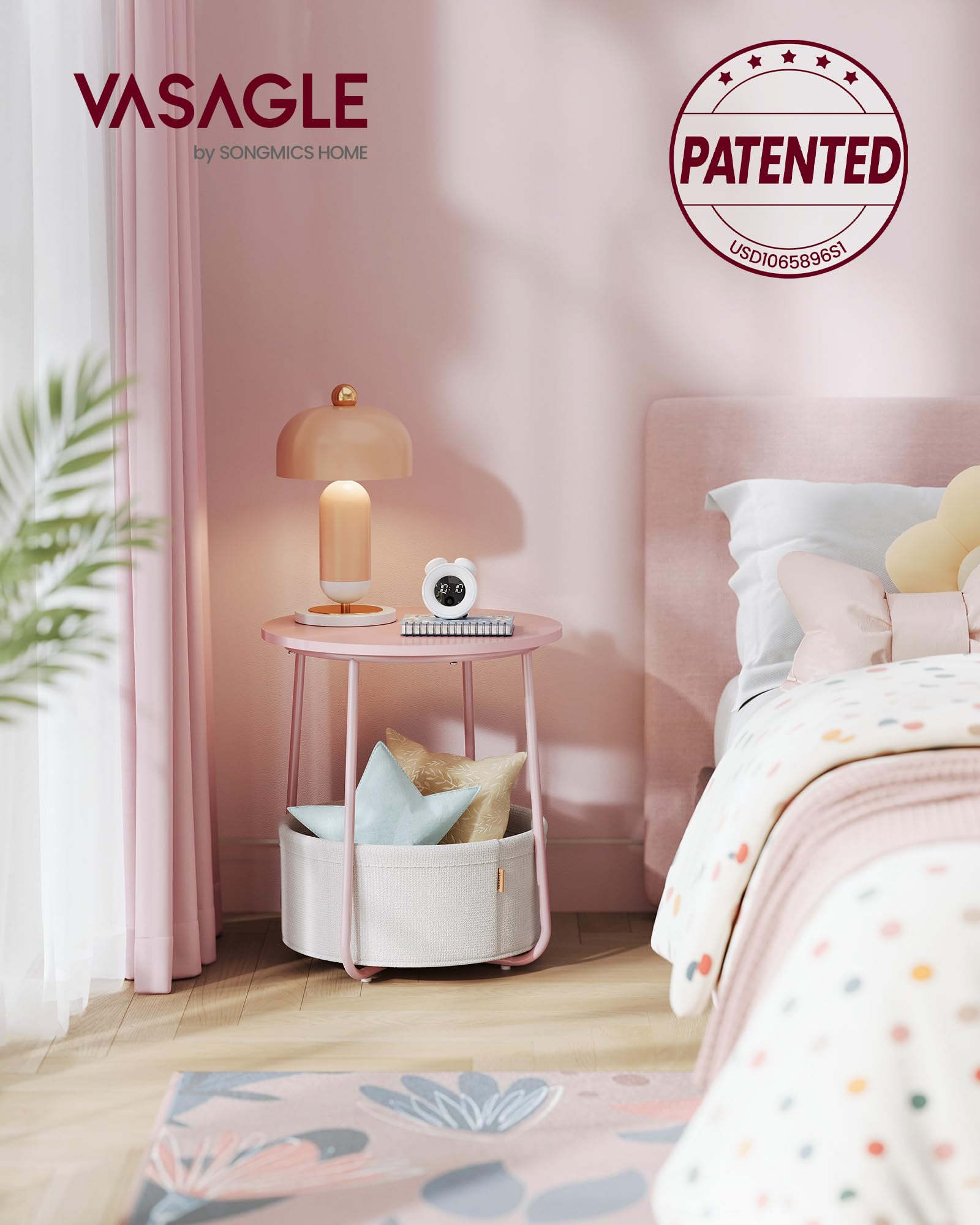 Nightstands Set of 2 Small Round Side Tables with Fabric Basket