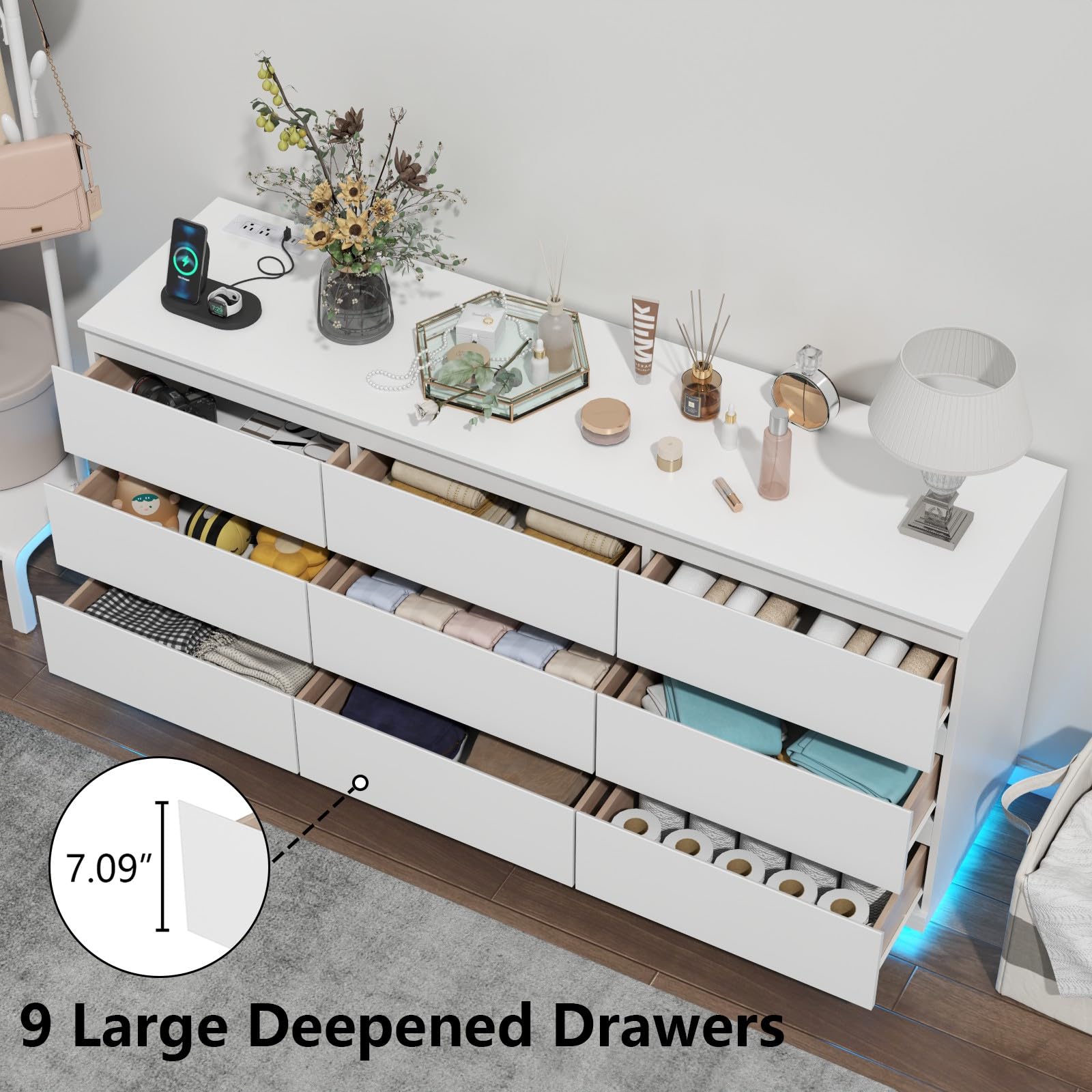 9 Drawer Dresser with LED Light and Power Outlet