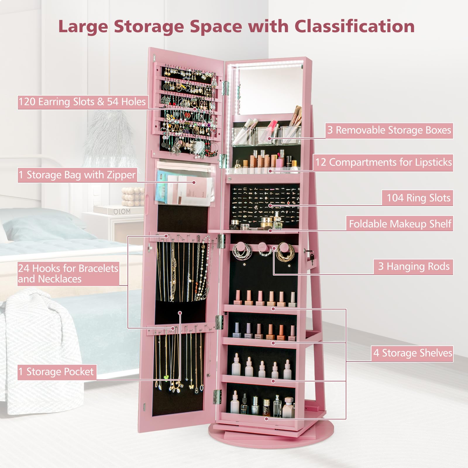 360° Swivel Jewelry Armoire with Full Length Mirror