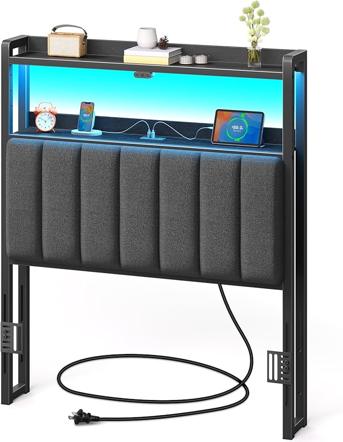 Queen Size Upholstered Headboard with LED Lights and USB Charging