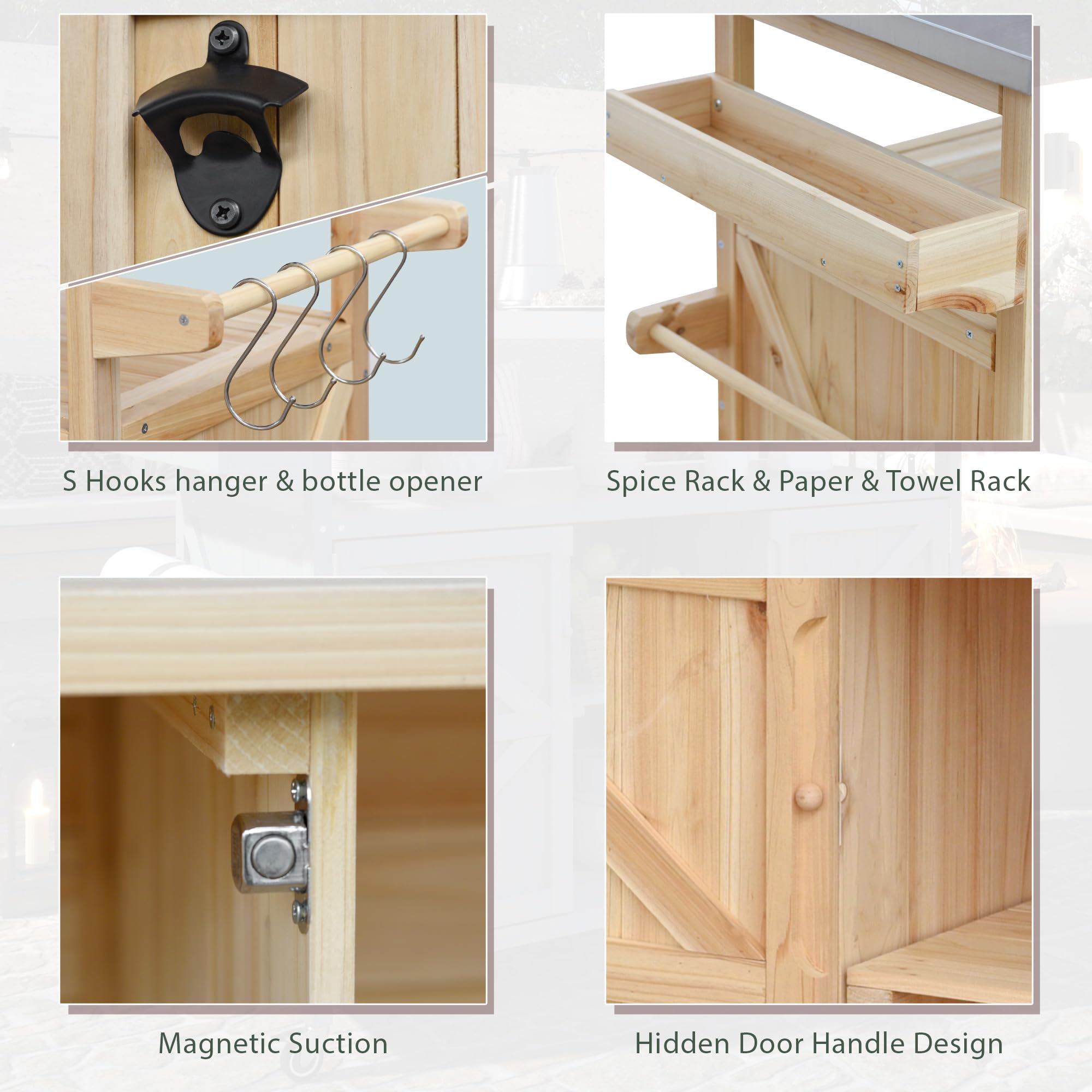 Outdoor Kitchen Island on Wheels with Stainless Steel Top & Storage Cabinet – Natural Fir Wood