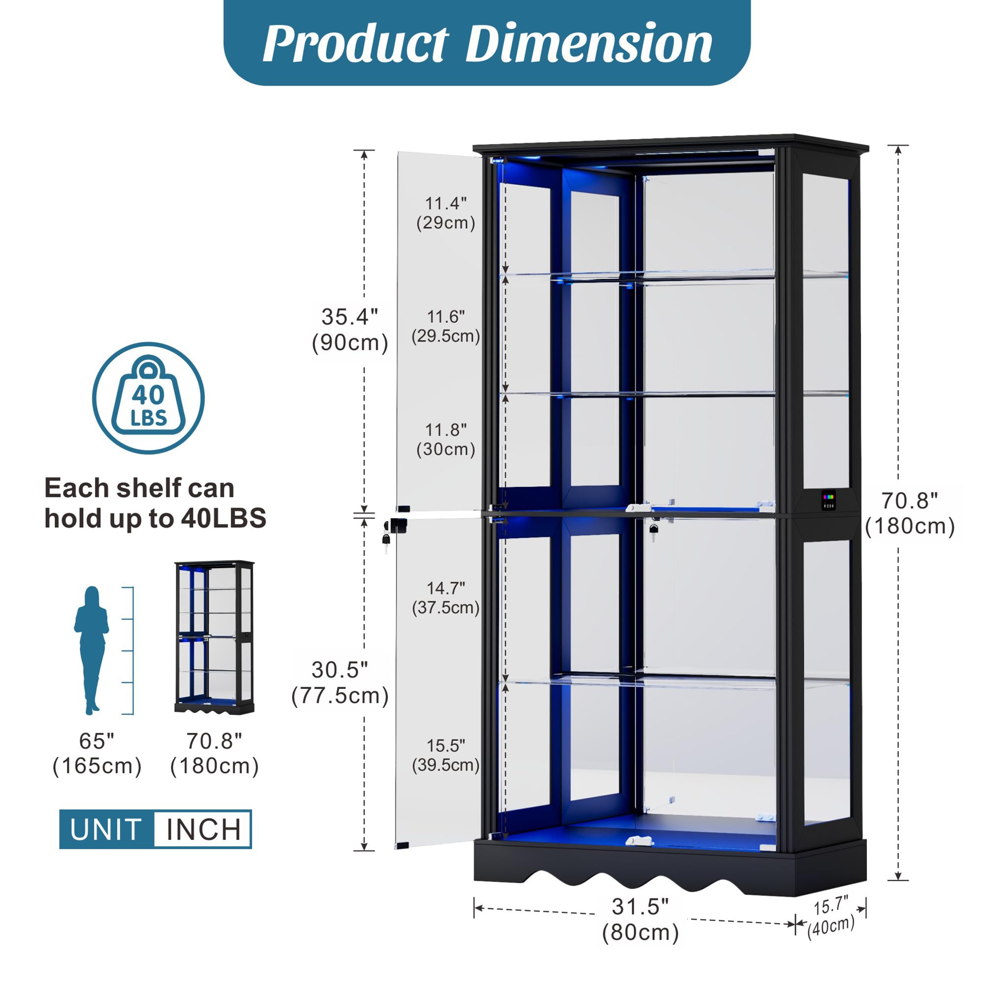 71" Display Cabinet with Glass Doors and RGB Lights
