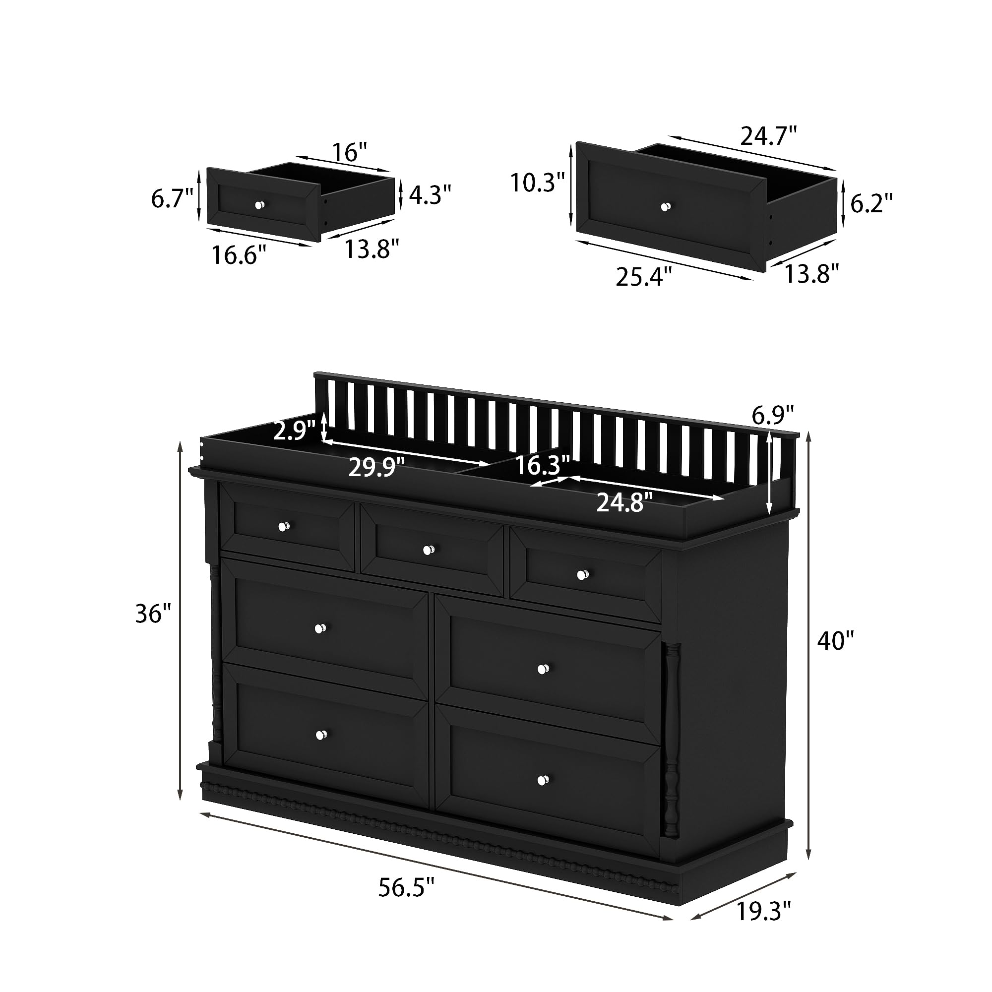 Baby Dresser with Changing Table Top - 7 Drawer Nursery Station
