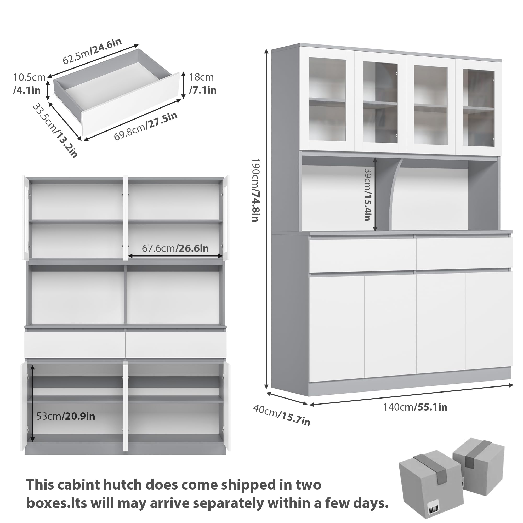Kitchen Pantry Storage Cabinet with Glass Doors