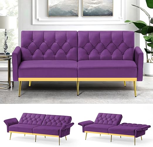 Velvet Futon Sofa Bed with Adjustable Armrests