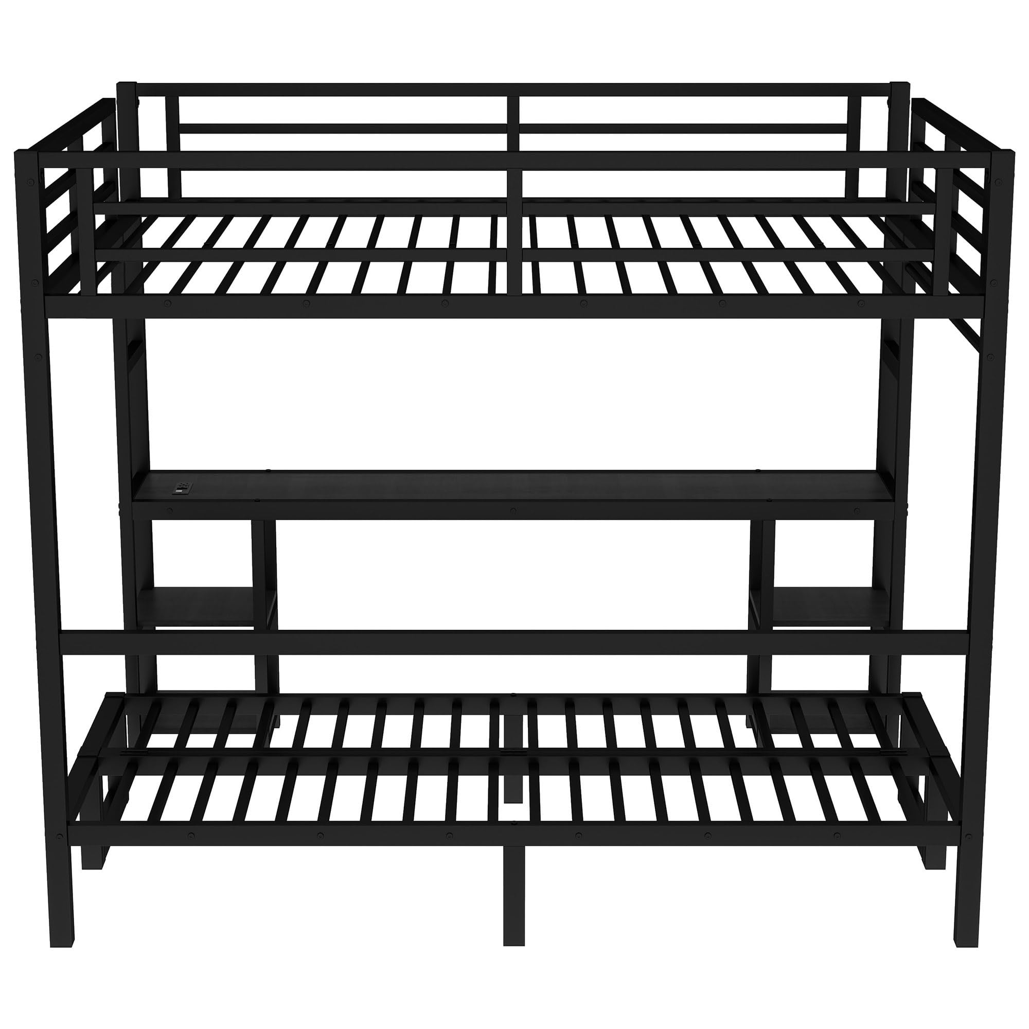 Metal Bunk Bed with Desk and Shelves Queen Over Twin XL