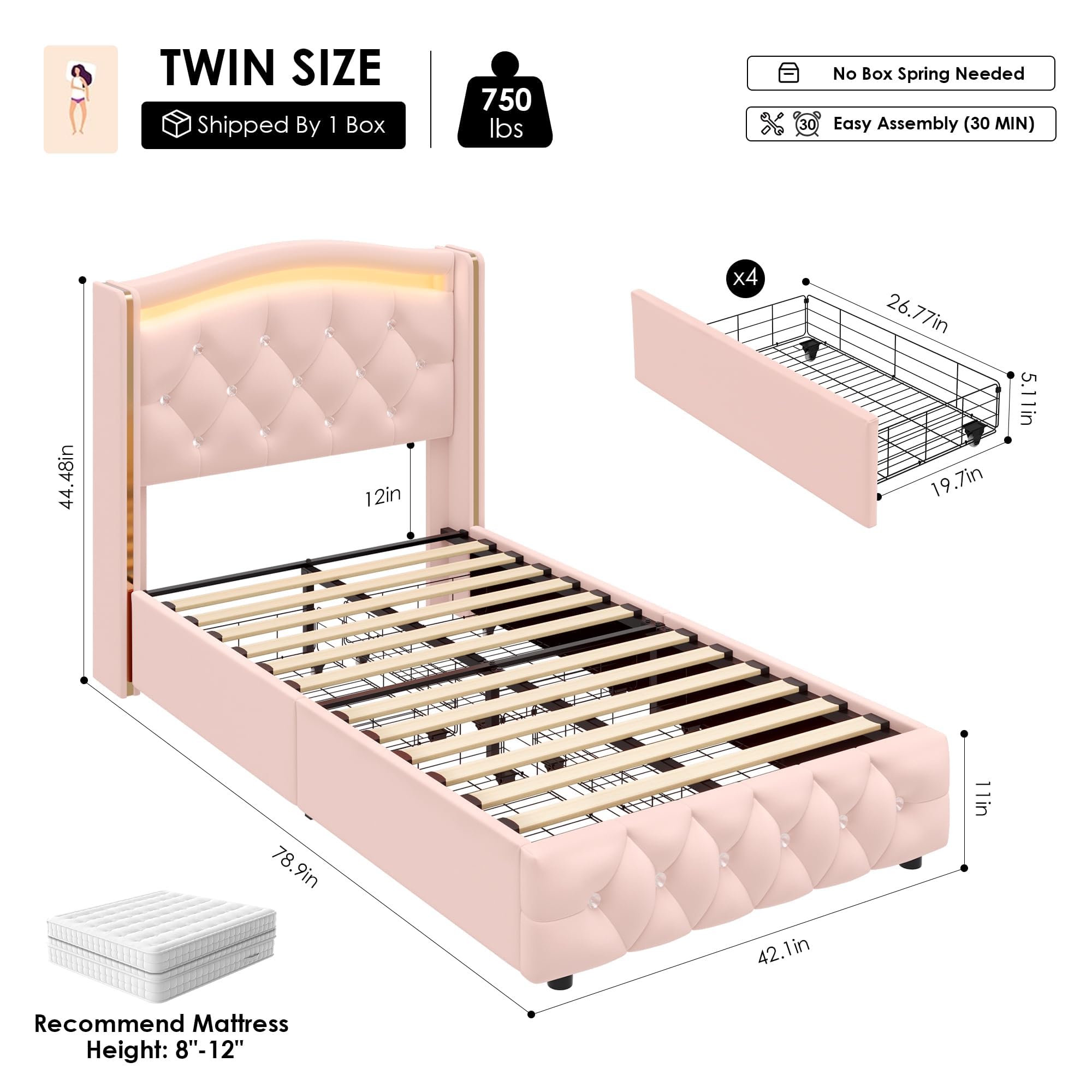 Twin LED Bed Frame with Storage Drawers and Crystal Wingback Headboard