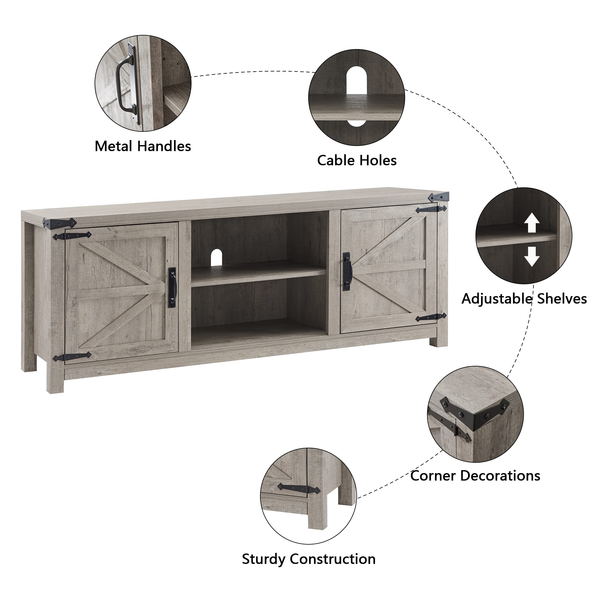 66 Inch Farmhouse TV Stand with Barn Door Cabinets