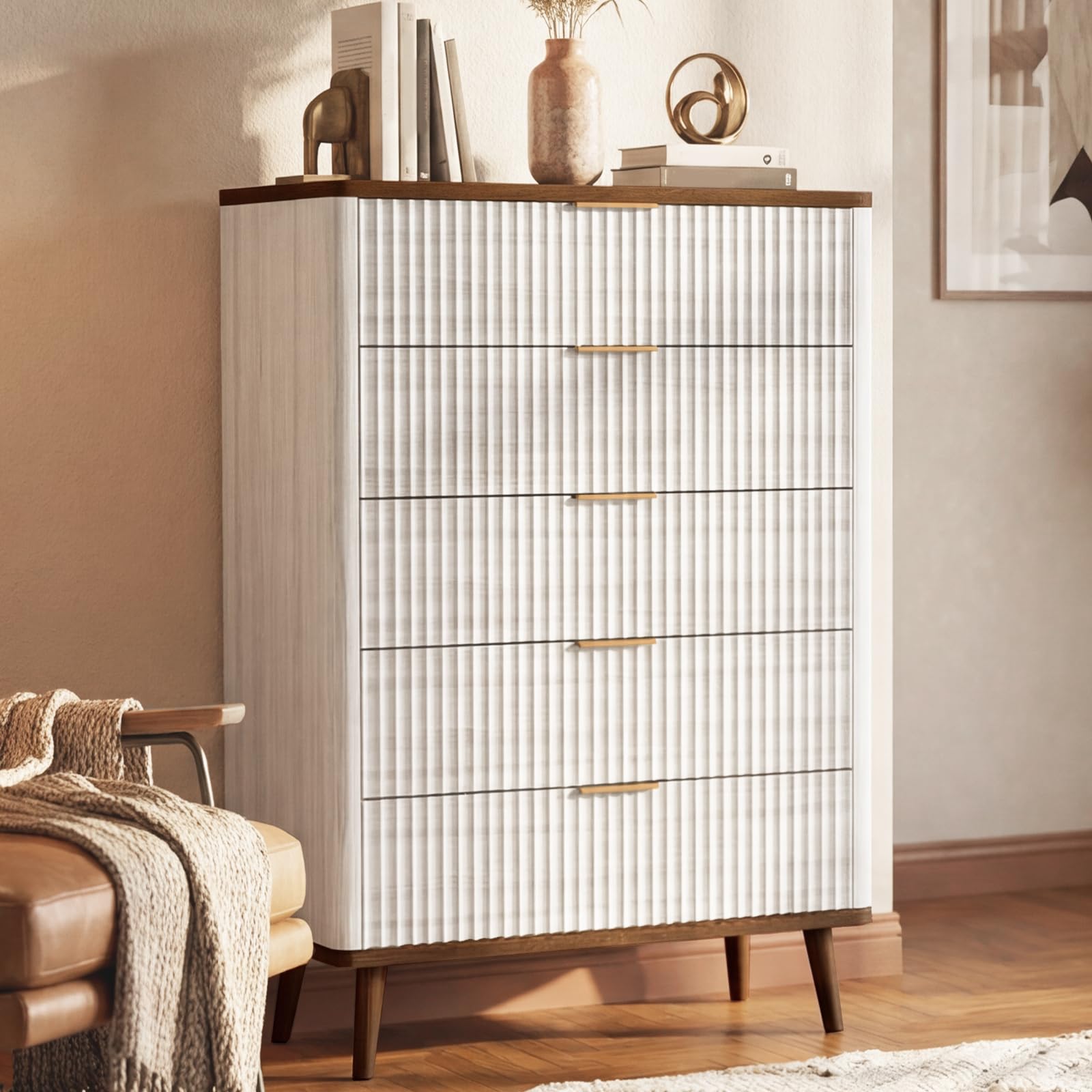Fluted Wood 5 Drawer Dresser Tall Chest
