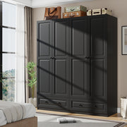 Black Wardrobe Closet with Drawers and Hanging Rod