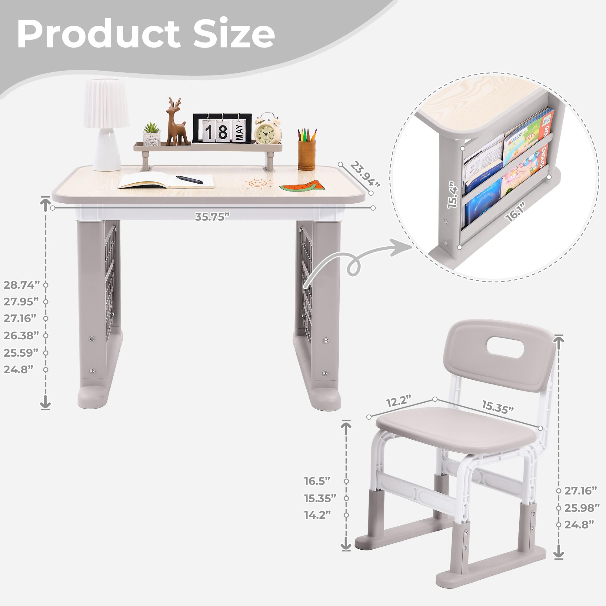Height Adjustable Kids Desk and Chair Set with Bookshelf
