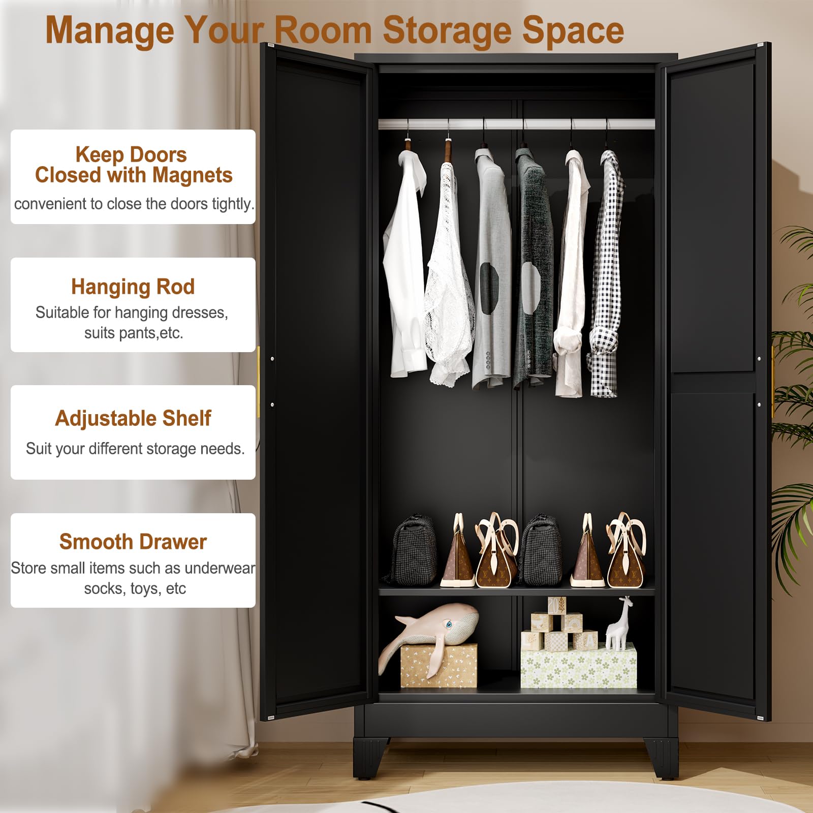 Metal Armoire Wardrobe Closet with Mirror and Hanging Rod