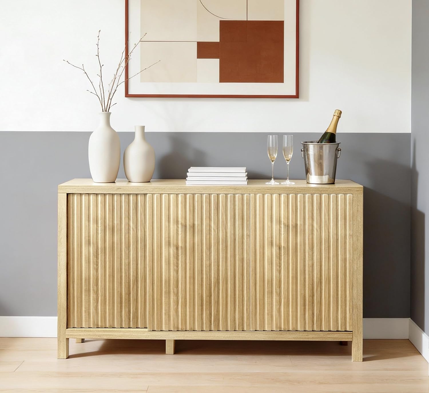 Fluted Sideboard Buffet Cabinet with Adjustable Shelves