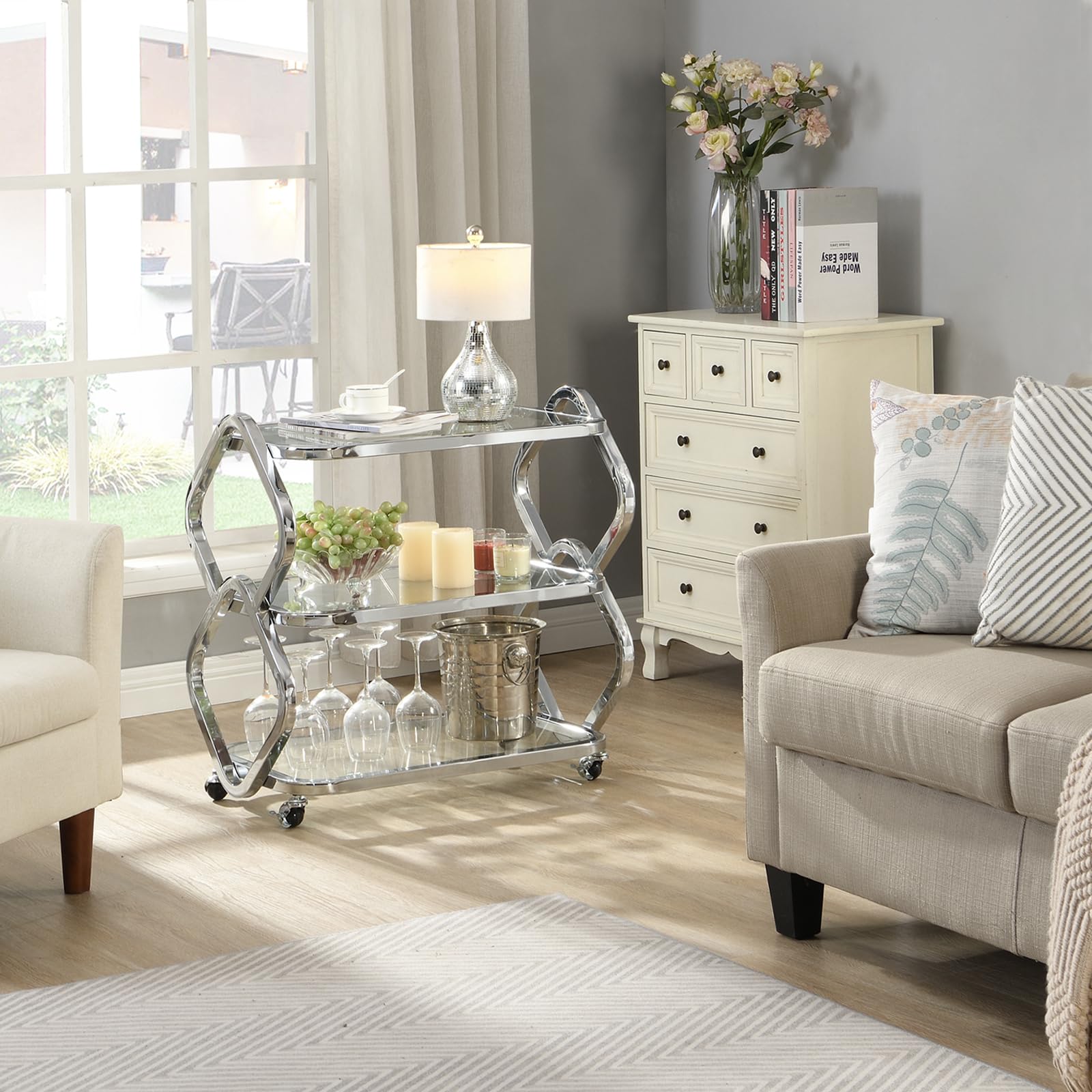 Silver Bar Cart with Wheels and Glass Shelves