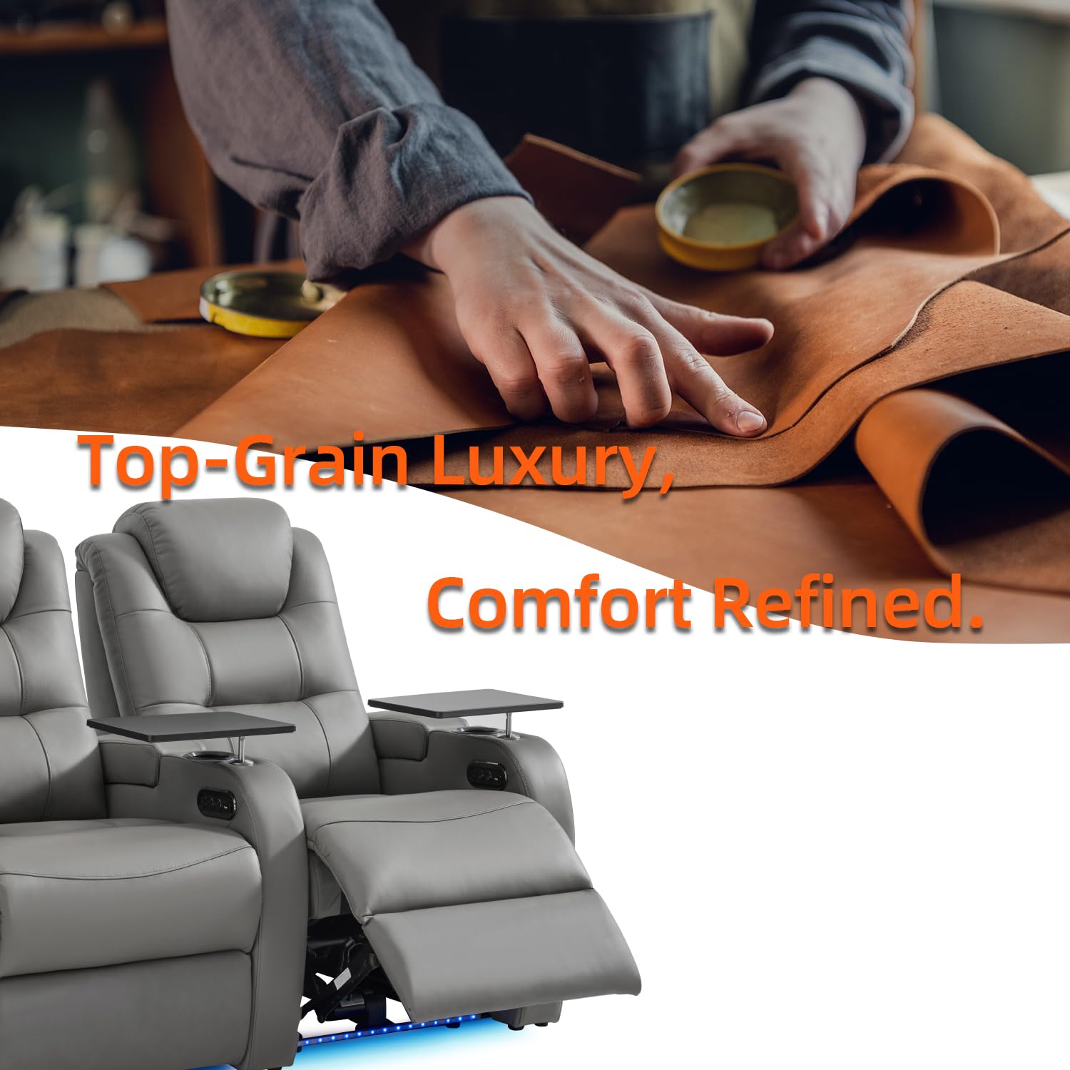 Top Grain Nappa Leather Power Recliner Home Theater Seating - Row of 5