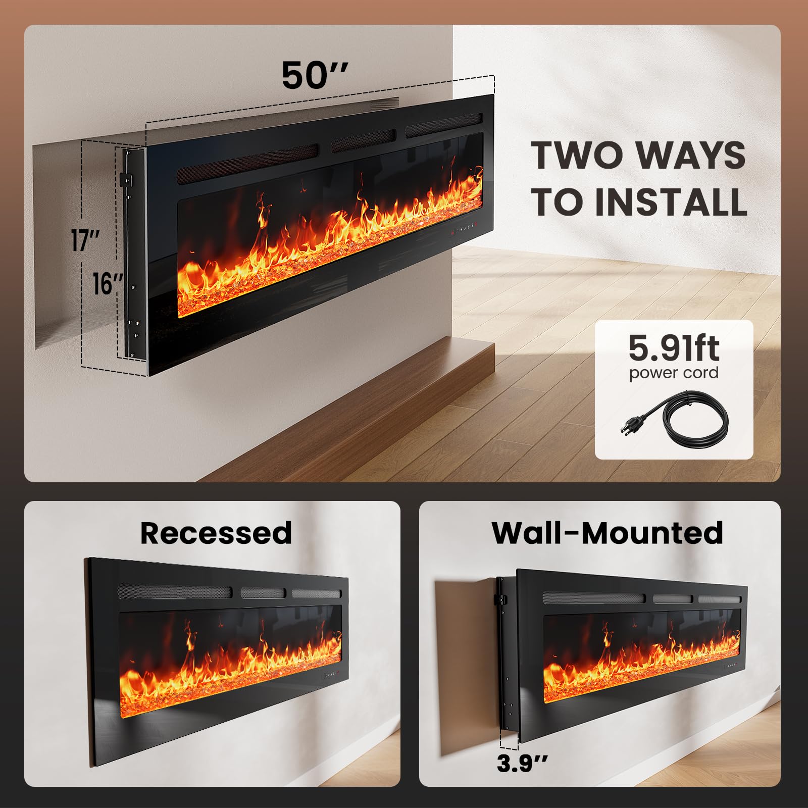 50" Smart Electric Fireplace Heater with App Control