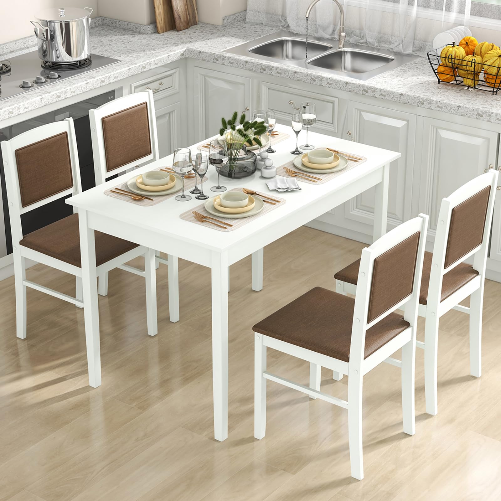 5-Piece Solid Wood Dining Set with Upholstered Chairs