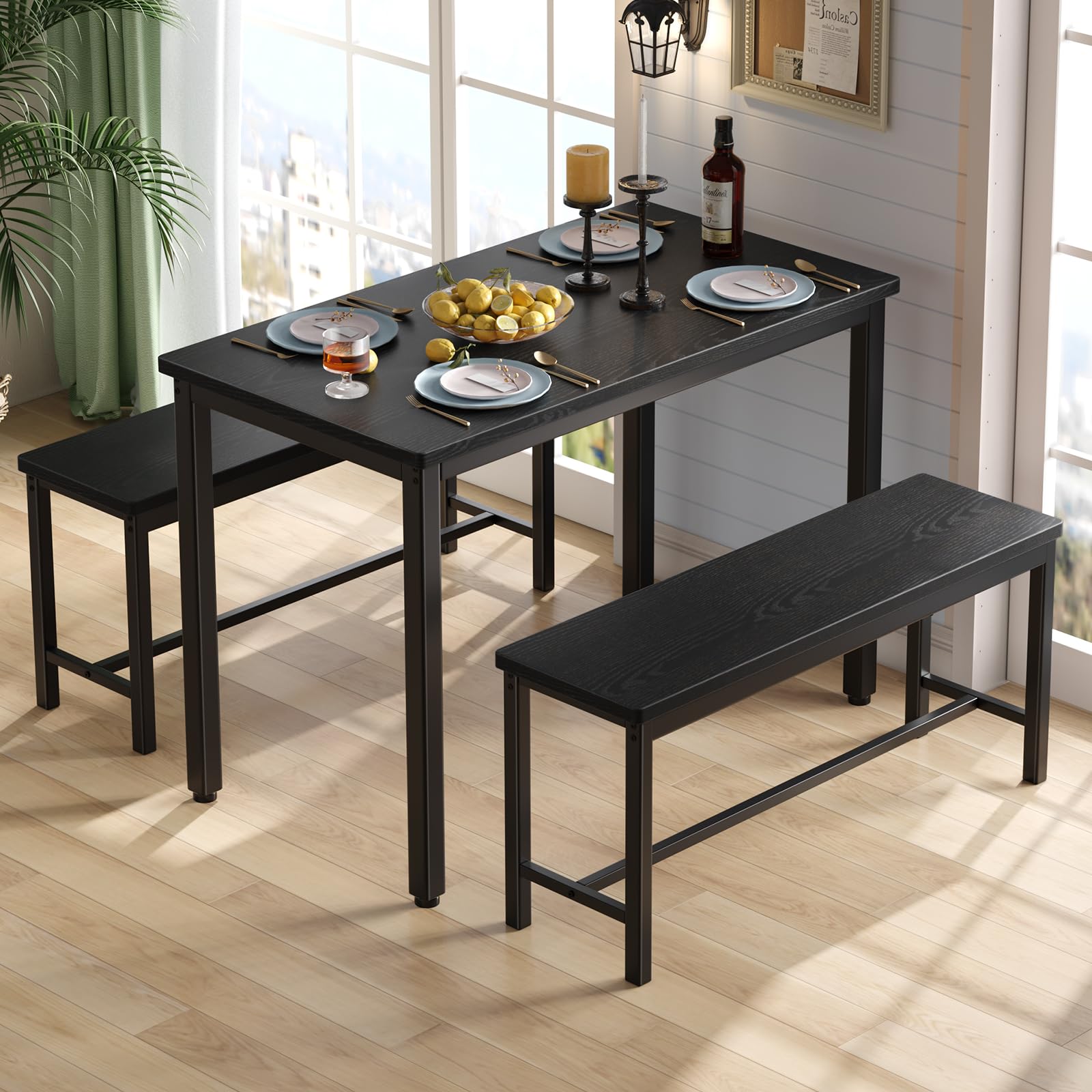 3-Piece Dining Table Set with 2 Benches