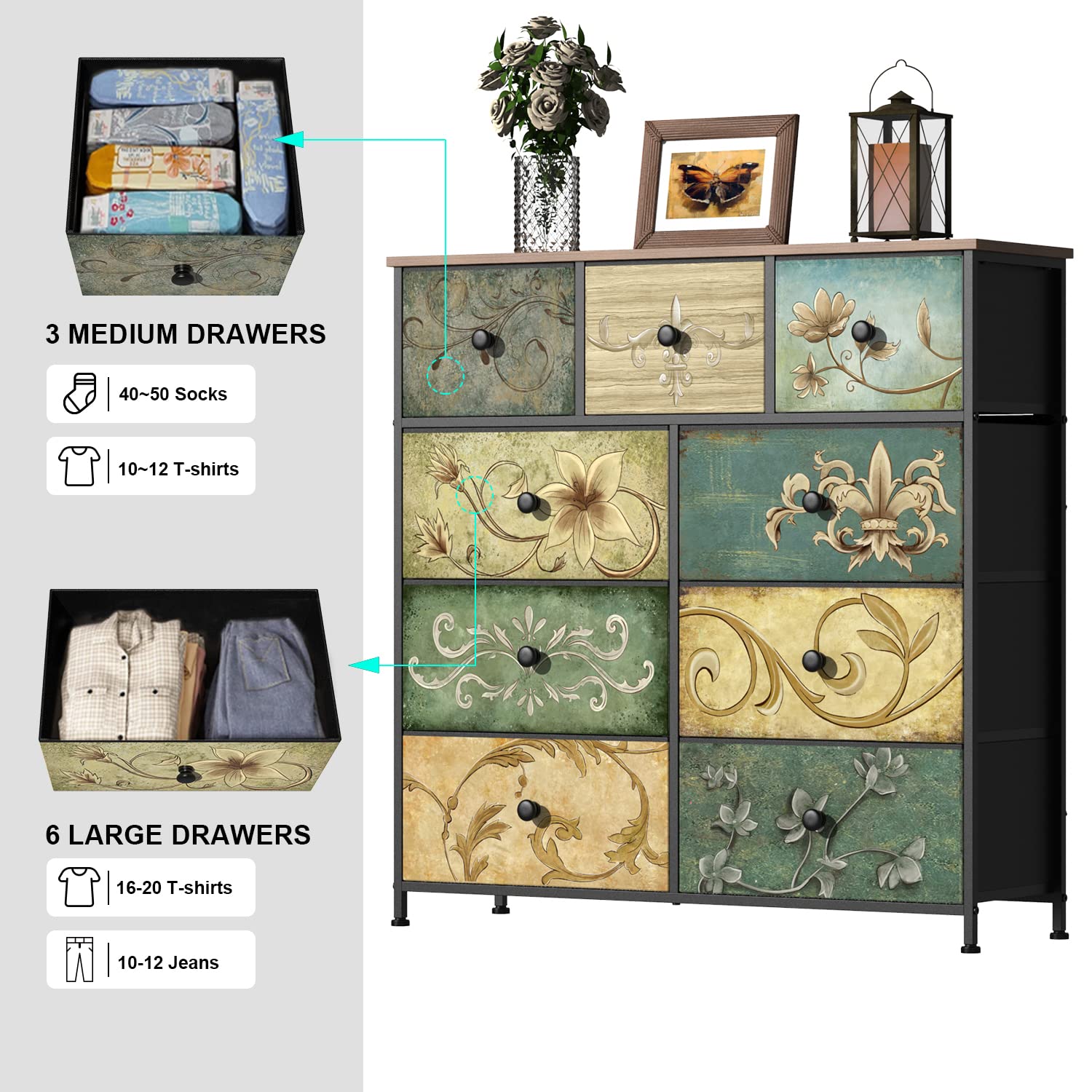 9-Drawer Fabric Dresser with Retro Floral Pattern