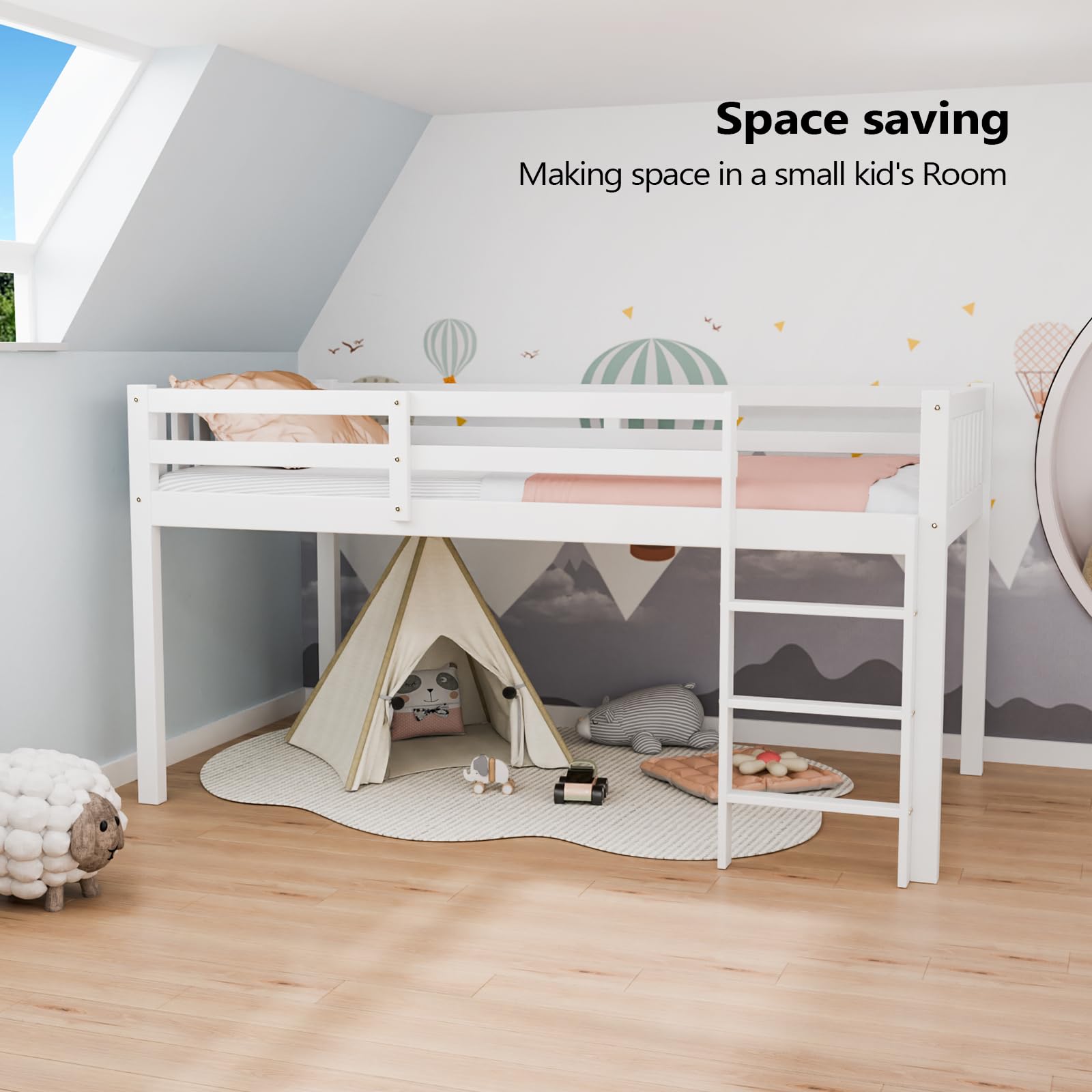 Twin Loft Bed Frame with Guardrail and Ladder