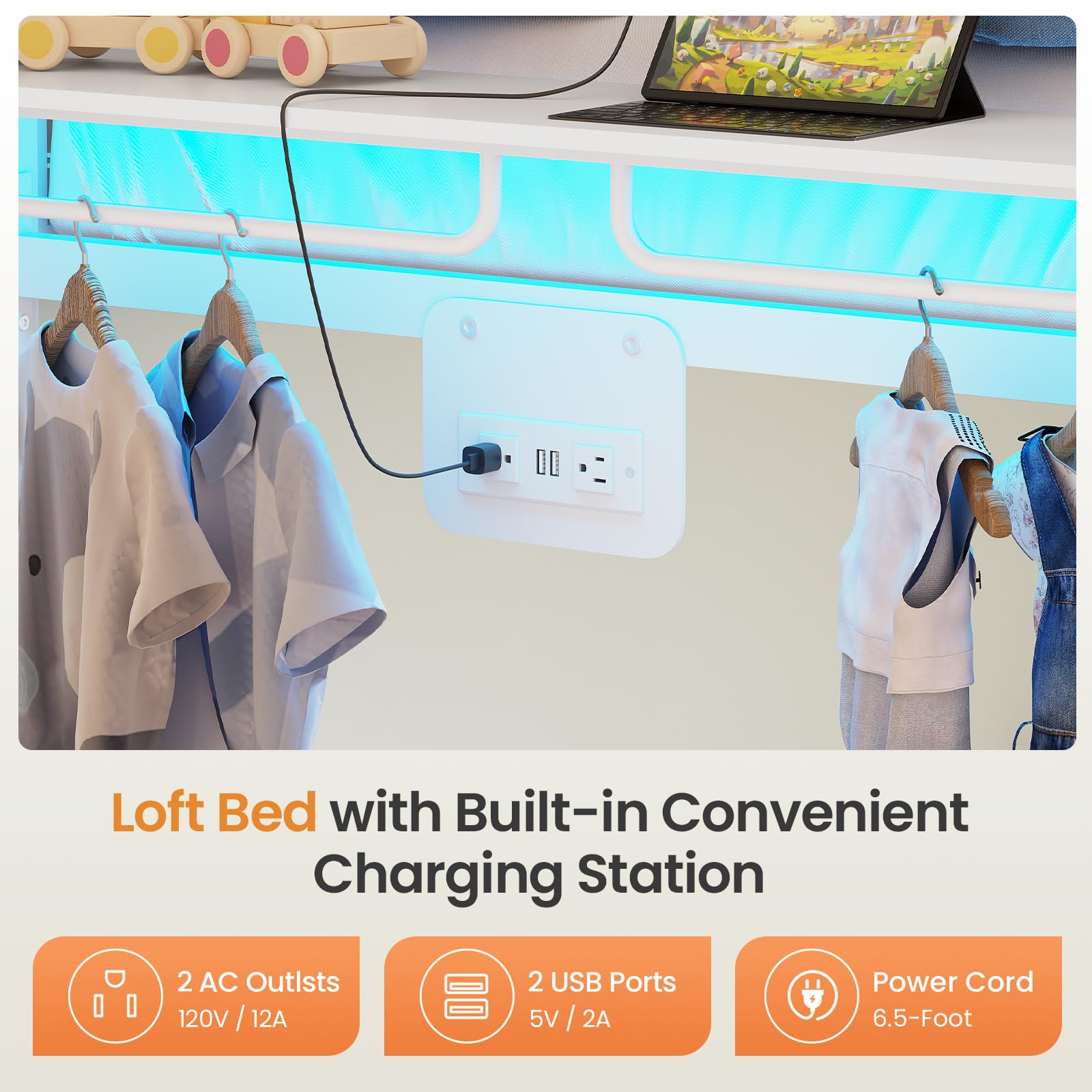 Full Metal Bunk Bed with Storage and LED Lights