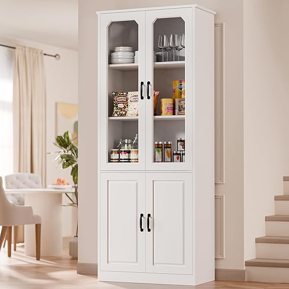 Tall Kitchen Pantry Cabinet with Glass Doors