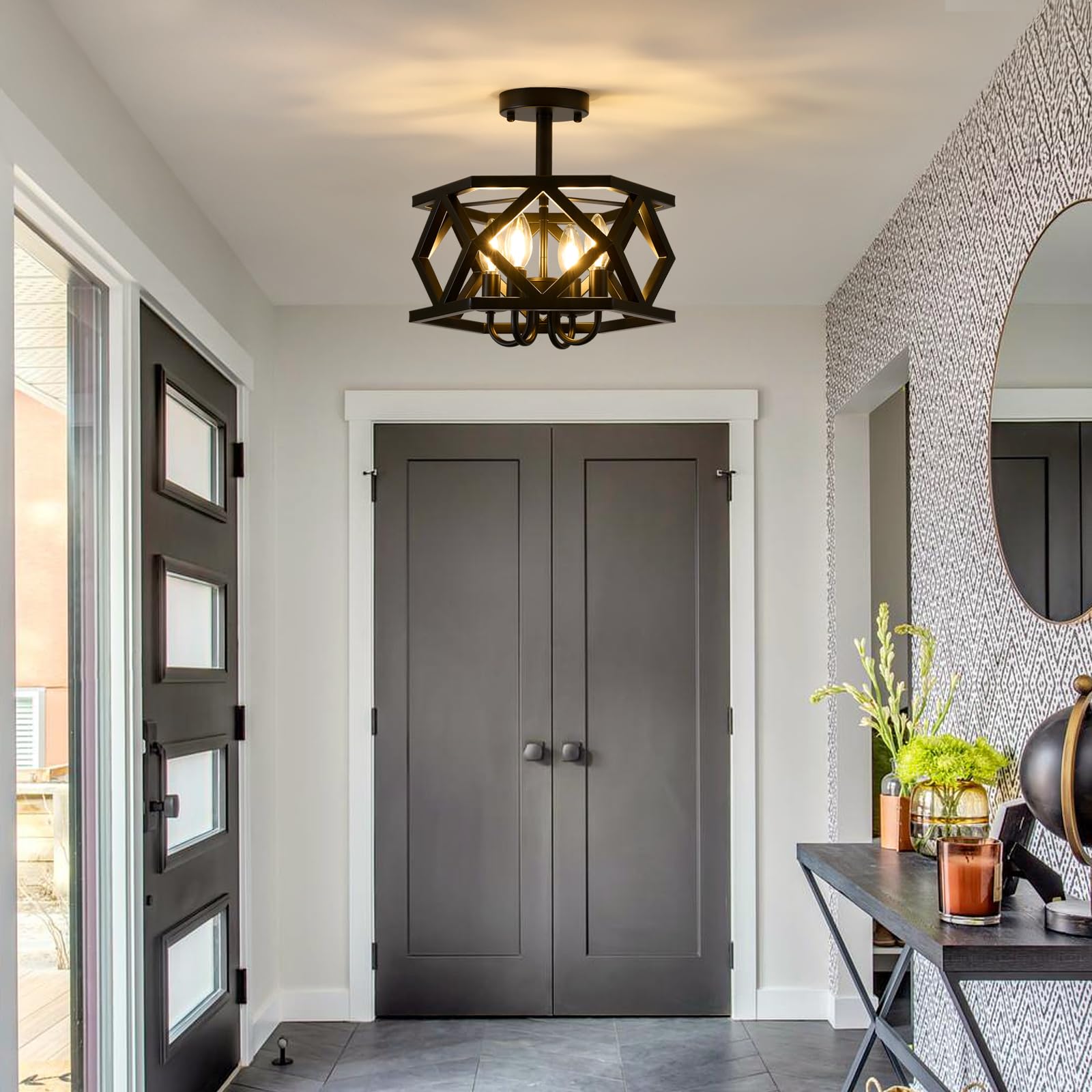 Black Semi Flush Mount Ceiling Light 4-Light Farmhouse Chandelier