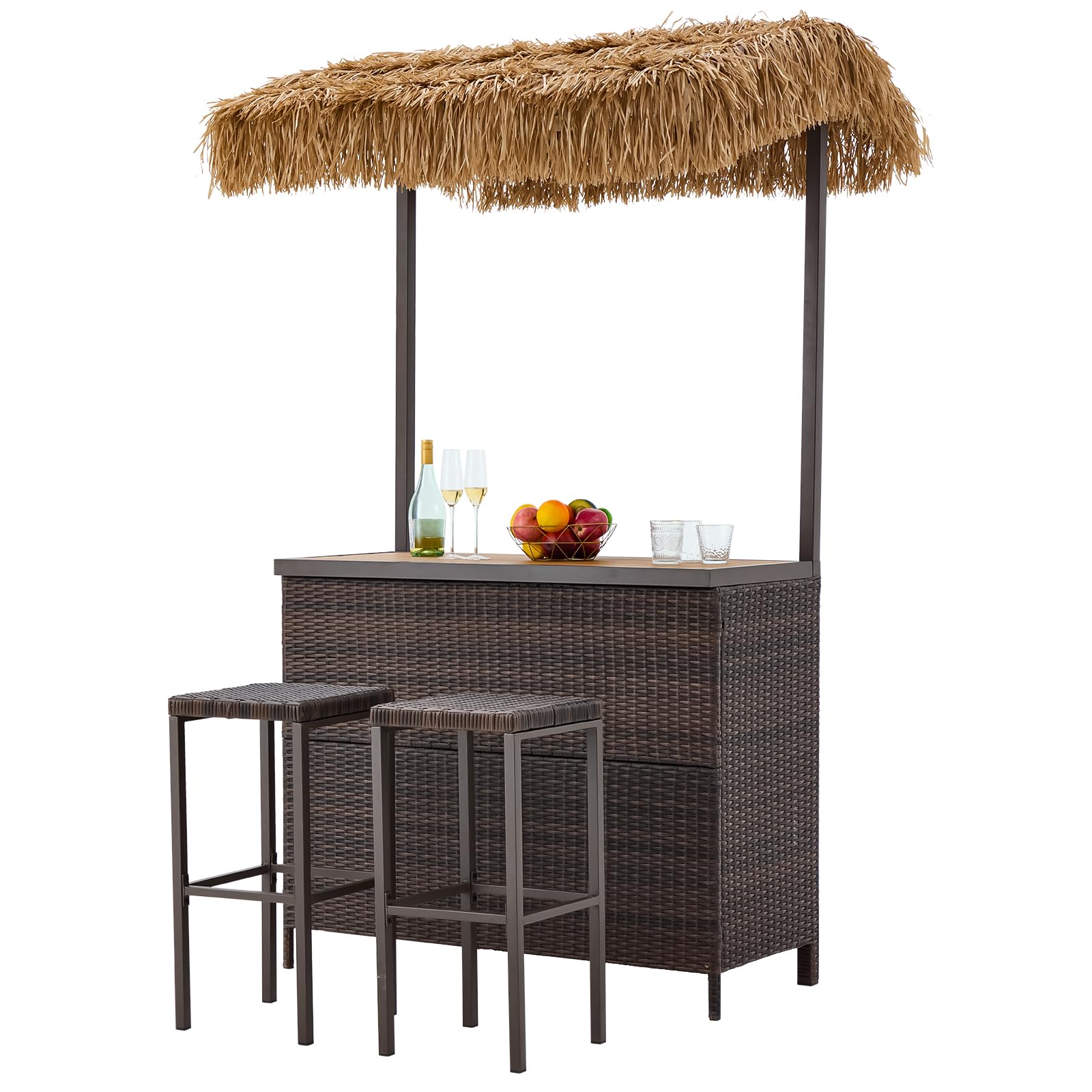 Outdoor Tiki Bar Set with 2 Stools