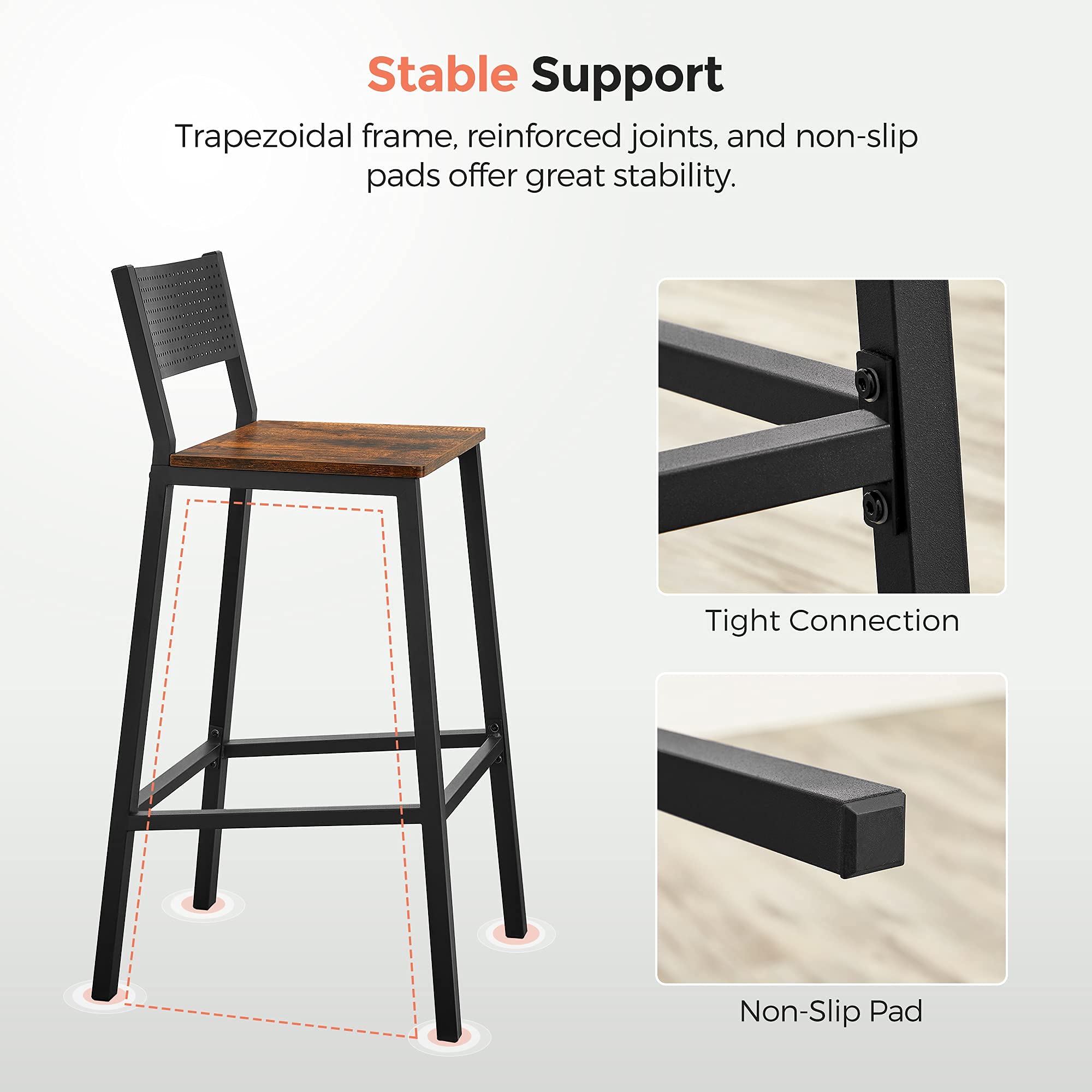 Rustic Brown Bar Stool with Backrest