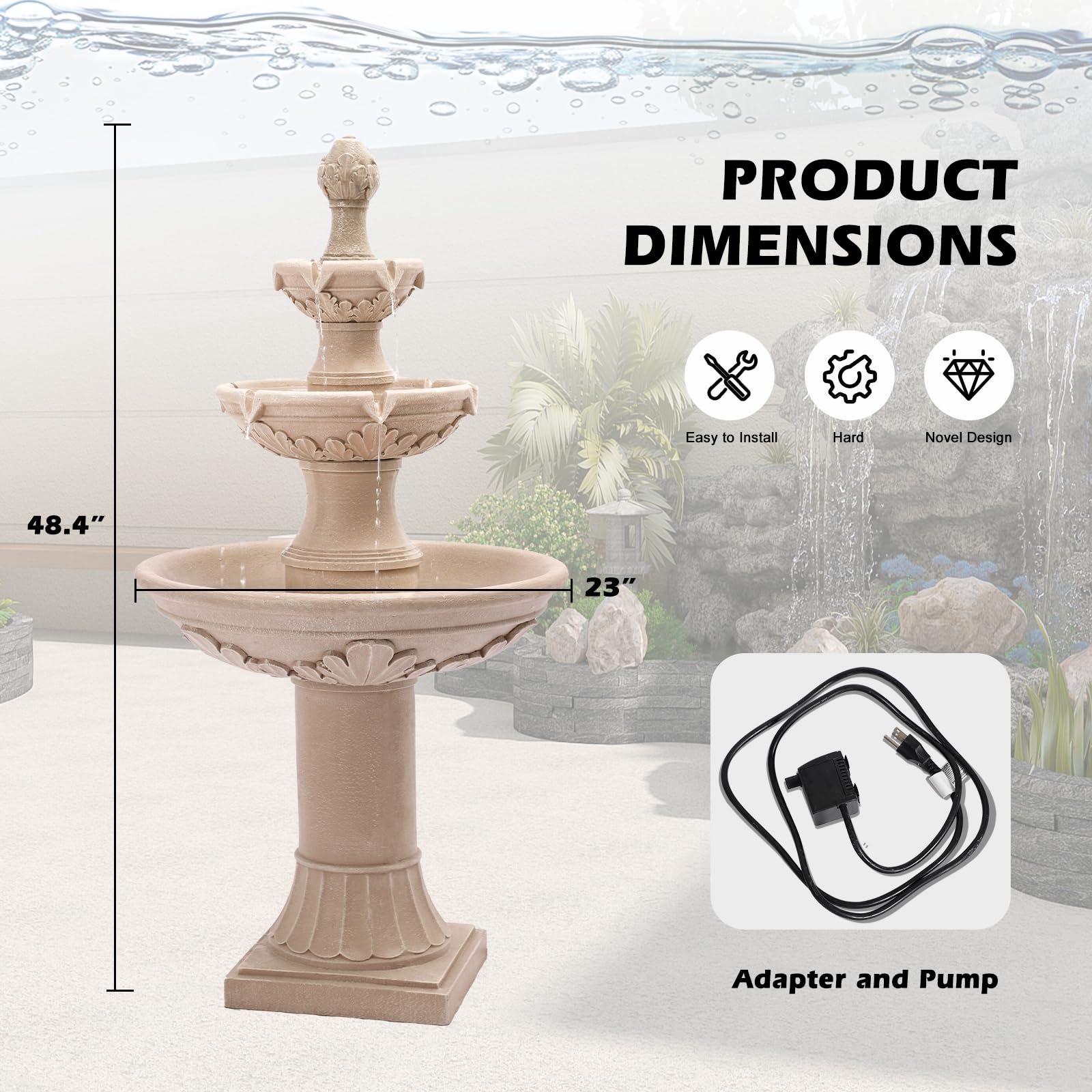 3-Tier Pineapple Water Fountain 48.4" White Resin