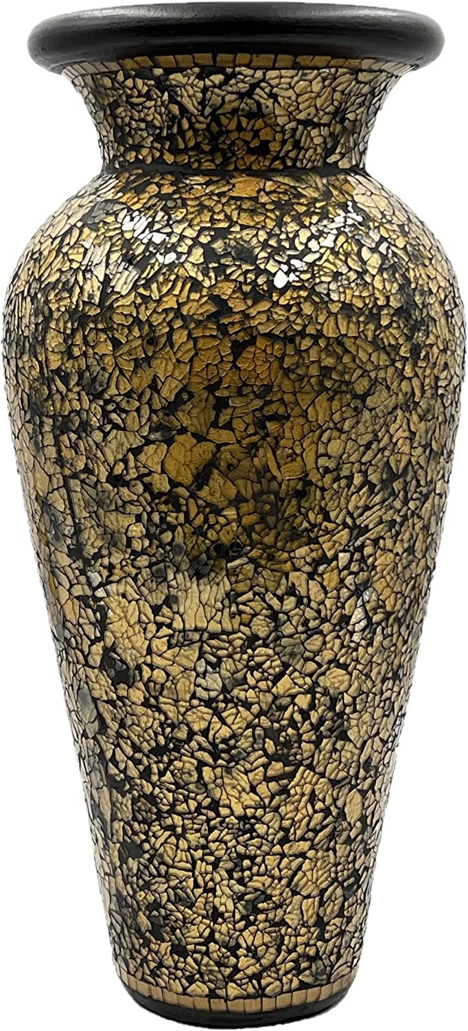 18 Inch Mosaic Floor Vase - Terracotta Cylinder with Gold and Black Glass