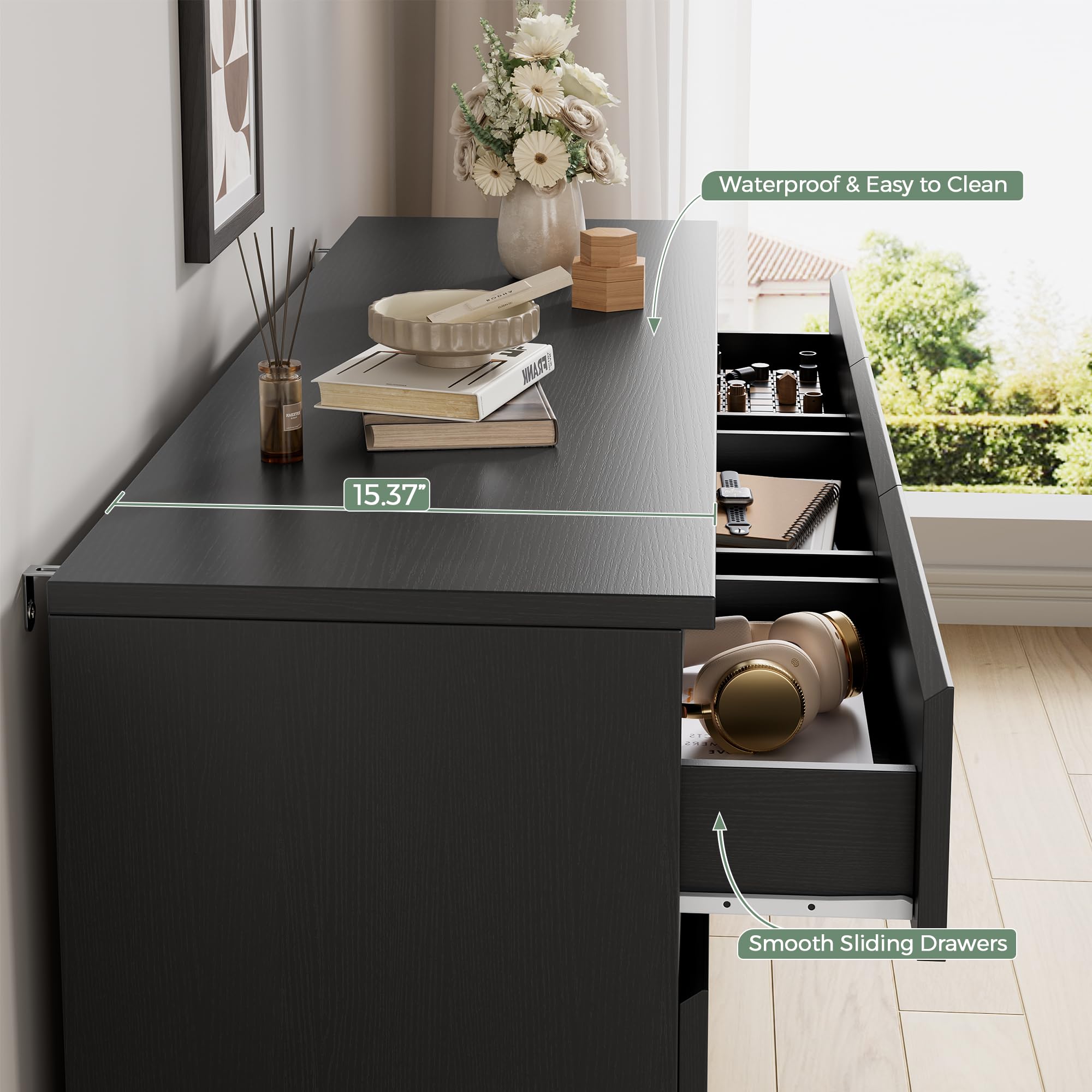 Modern Black 9-Drawer Dresser with Deep Storage