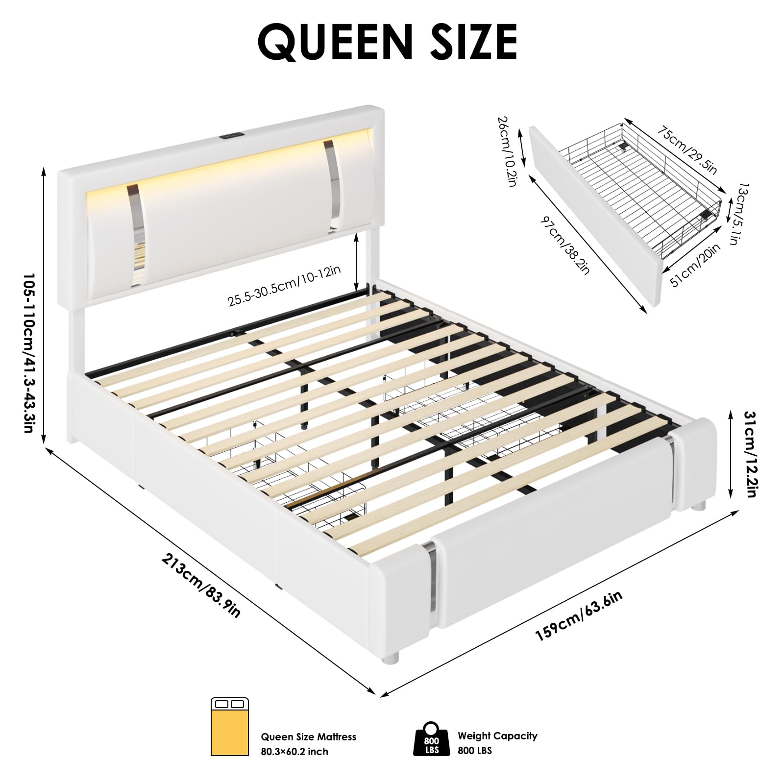 Queen Bed Frame with RGB LED Lights and Storage Drawers