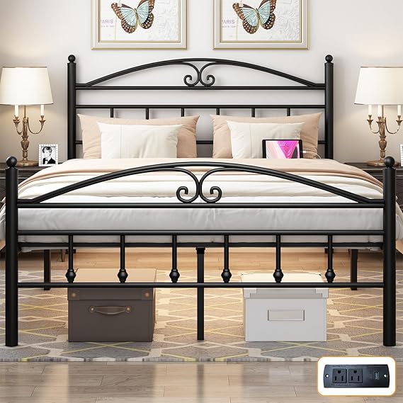 12 Inch Full Size Bed Frame with Charging Station and LED Lights
