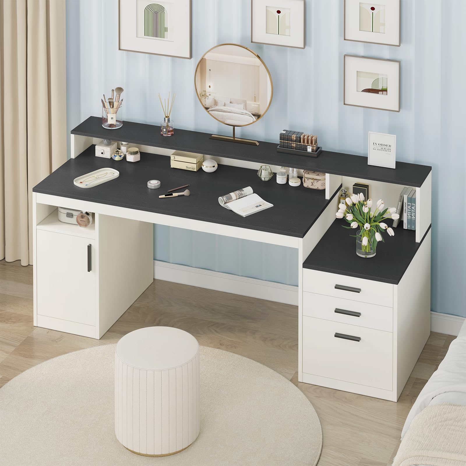 65 Inch Computer Desk with 3 Drawers and Storage Shelves