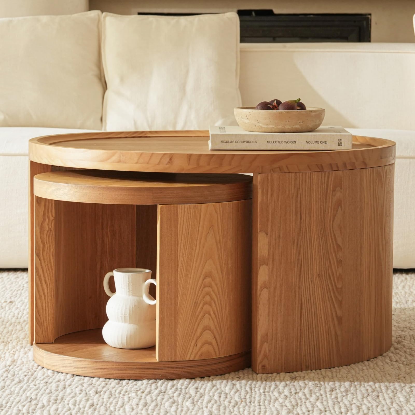 Round Nesting Coffee Table Set of 2 - Wood Look Top