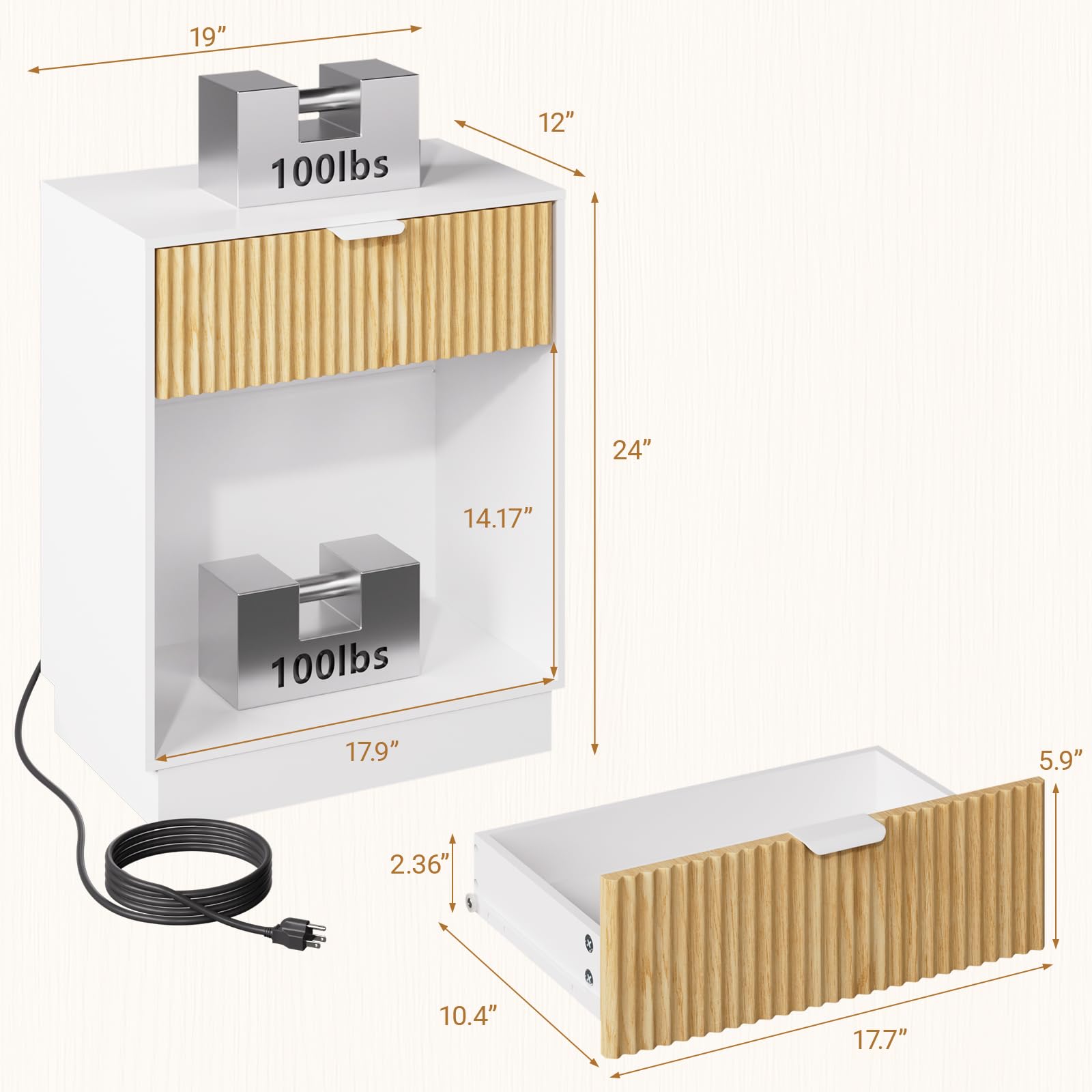 Fluted Nightstands Set of 2 with Charging Station and LED Lights