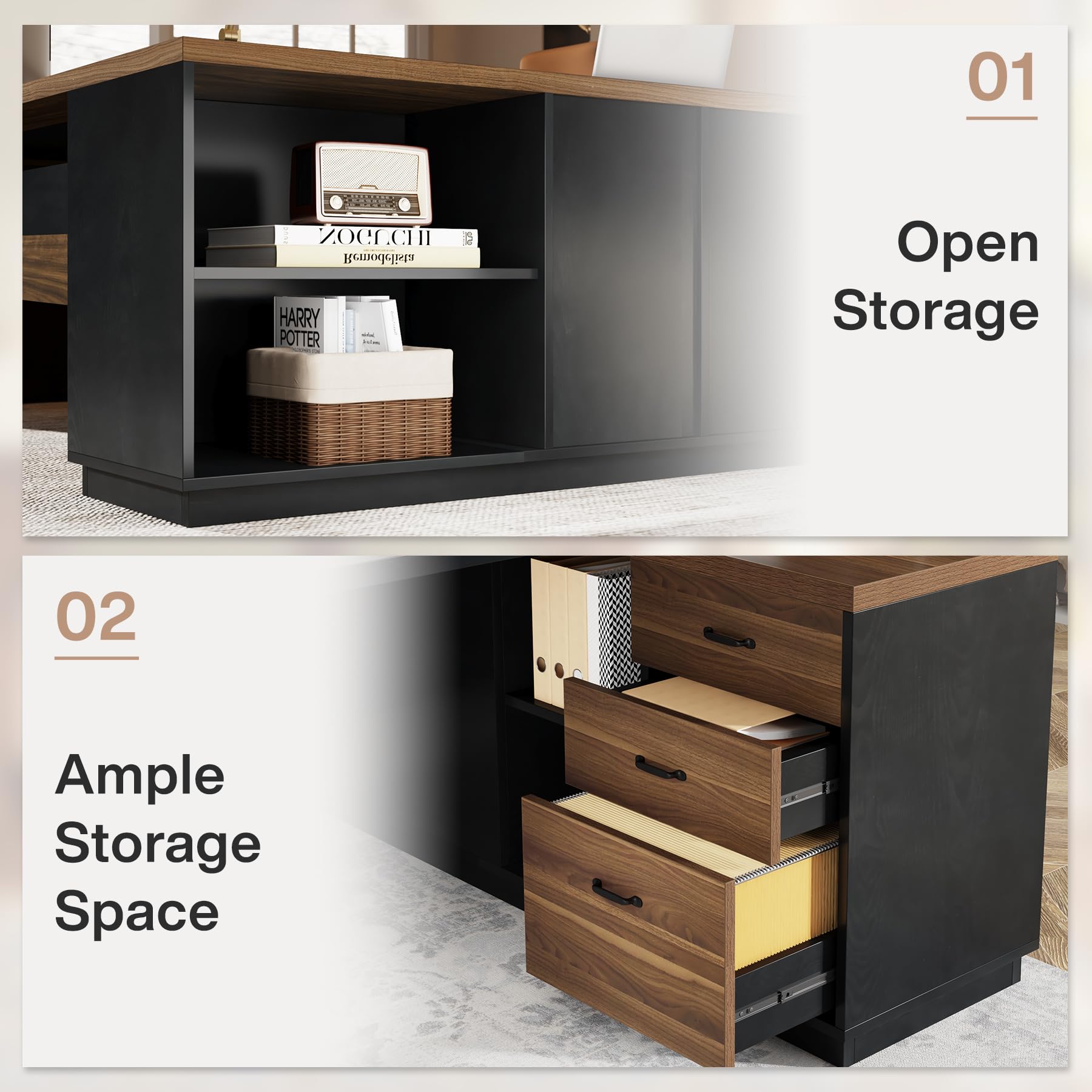 78-Inch L-Shaped Executive Desk with File Cabinet and Storage