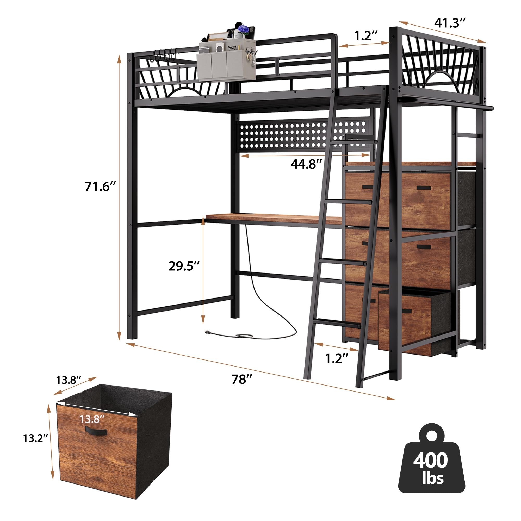 Twin Metal Loft Bed with Desk and Storage Cabinet