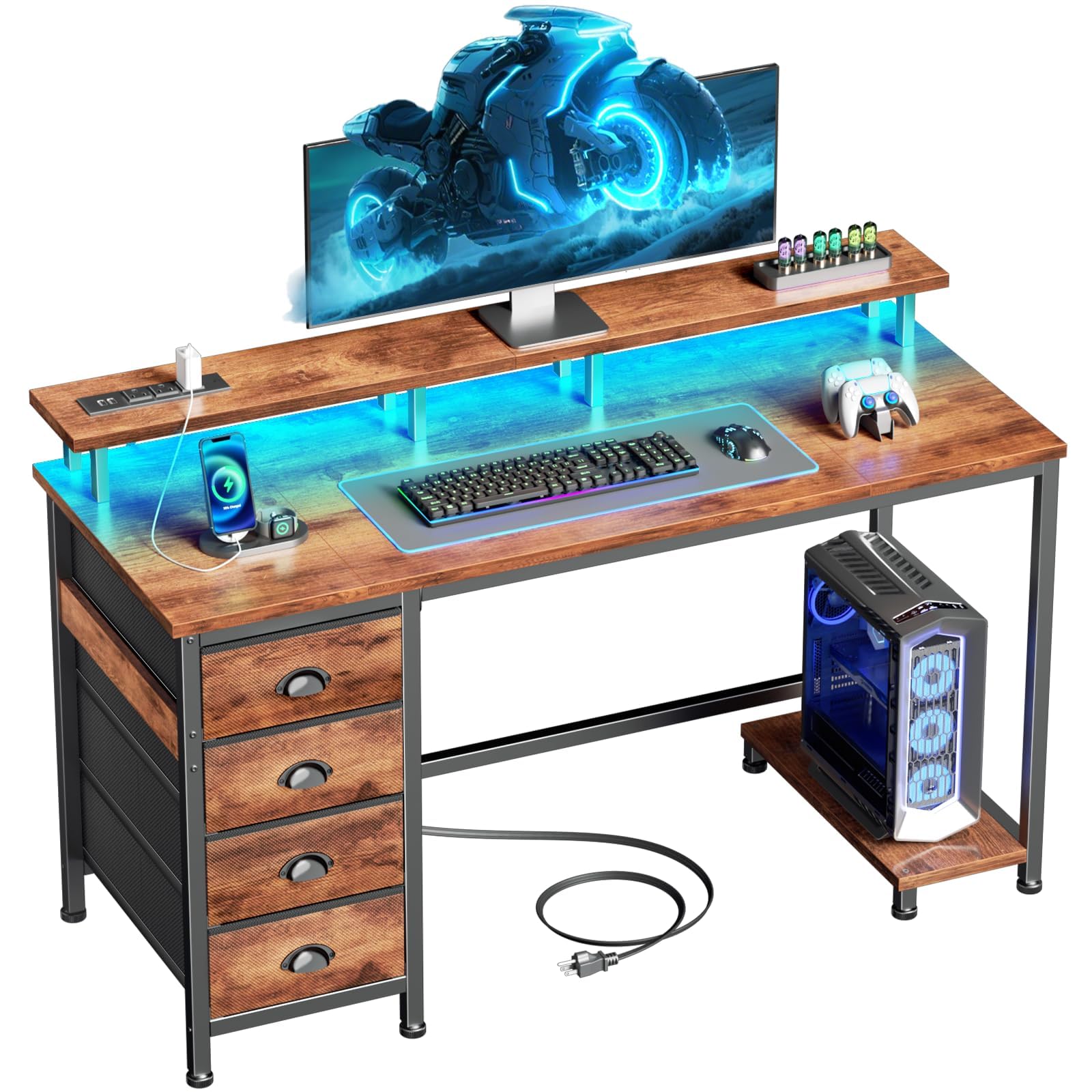 Gaming Desk with LED Lights & Power Outlets