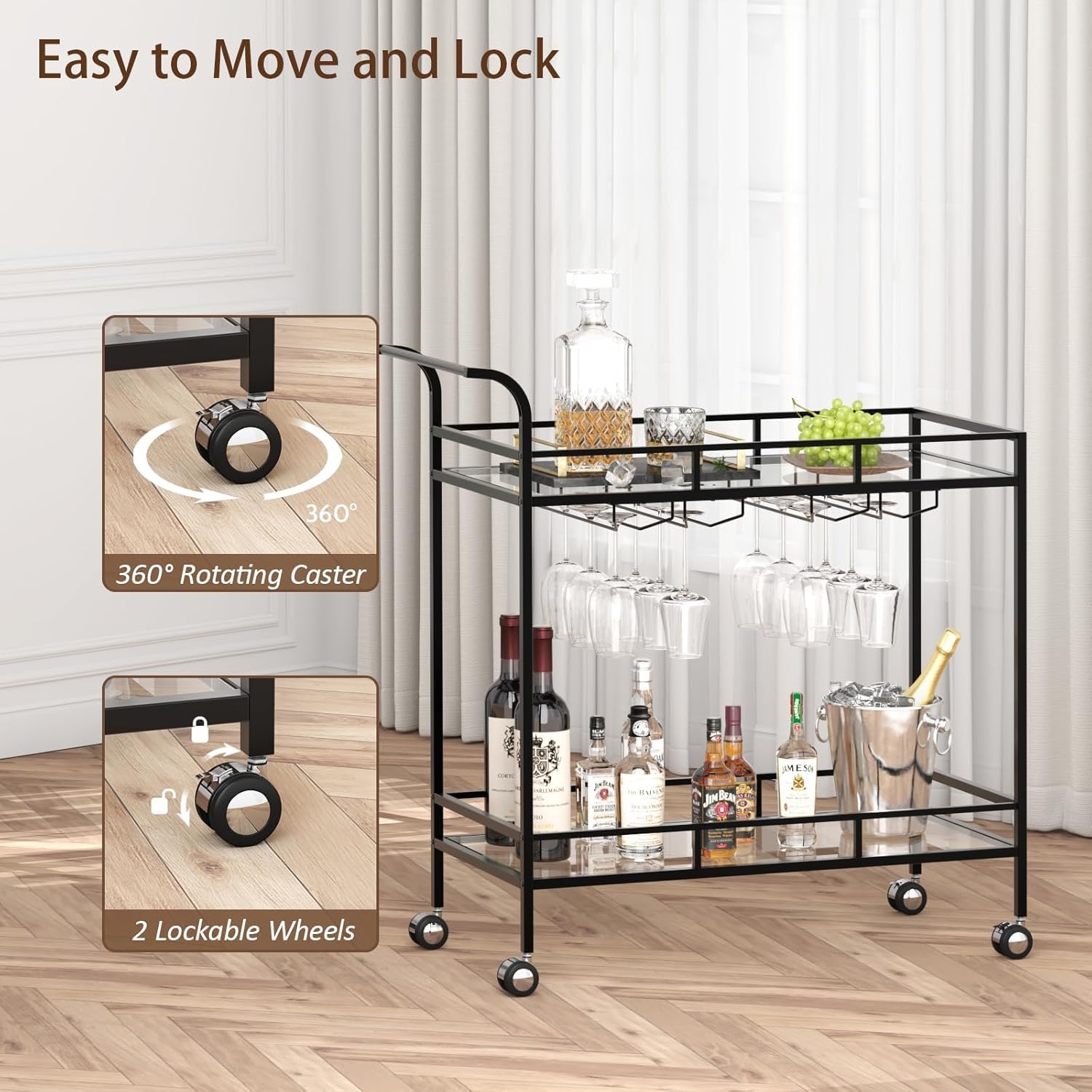 Large 2-Tier Bar Cart with Wine Rack and Glass Holder