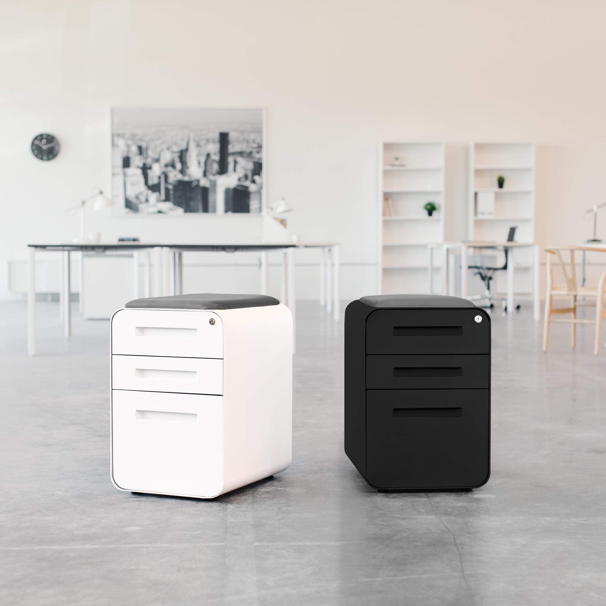 3-Drawer Mobile File Cabinet with Cushioned Seat