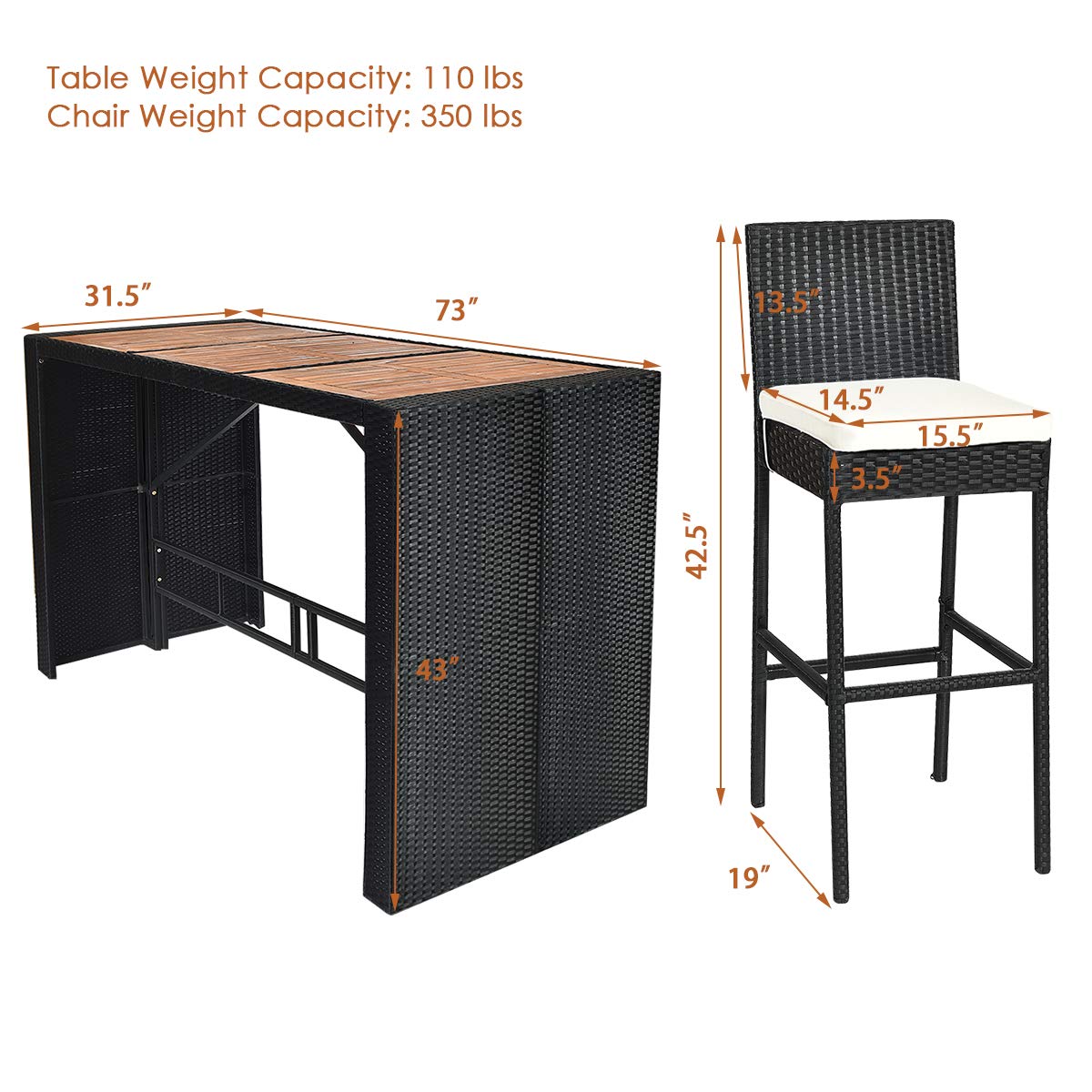 7-Piece Outdoor Wicker Dining Set with Acacia Wood Bar Table