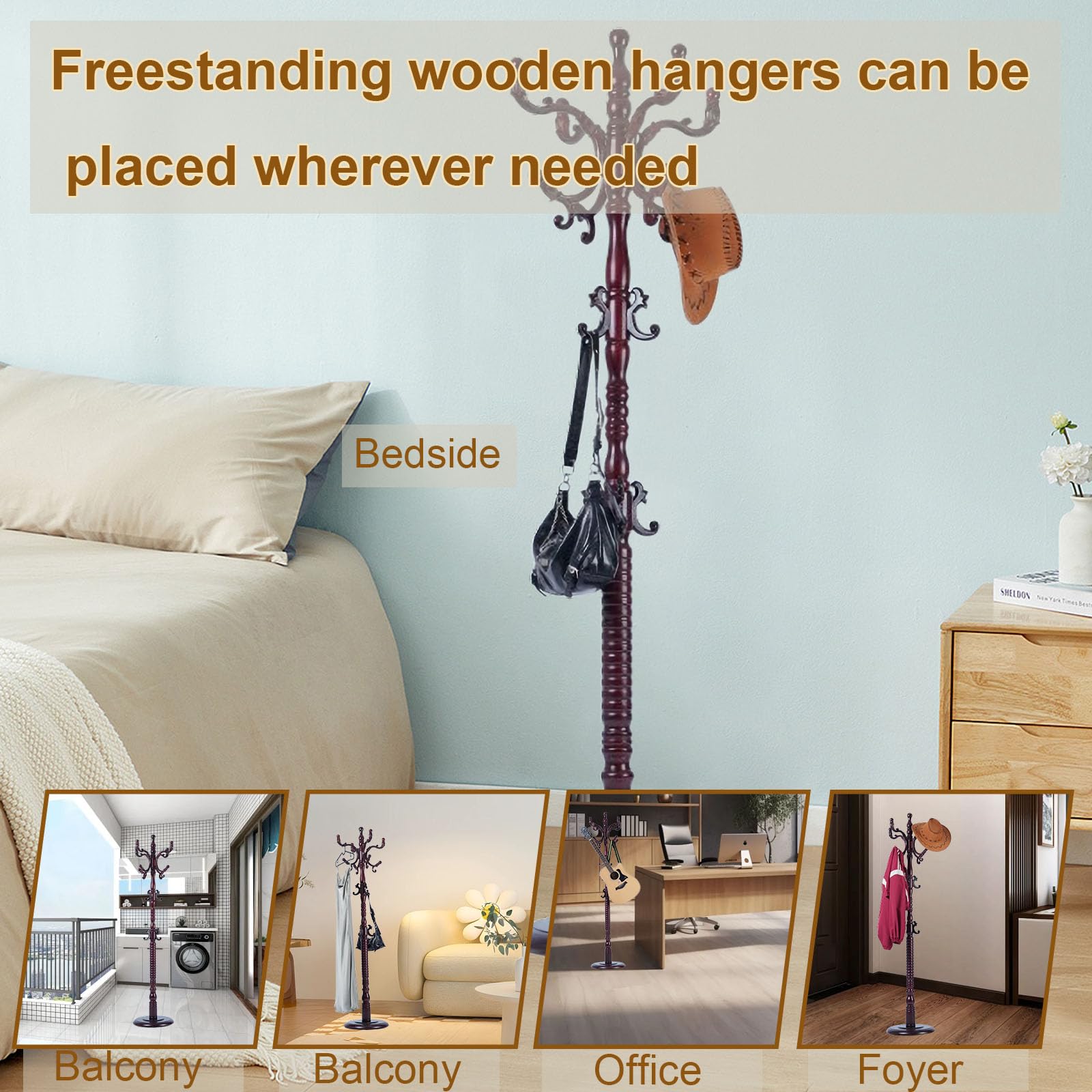 Freestanding Wooden Coat Rack with 18 Hooks