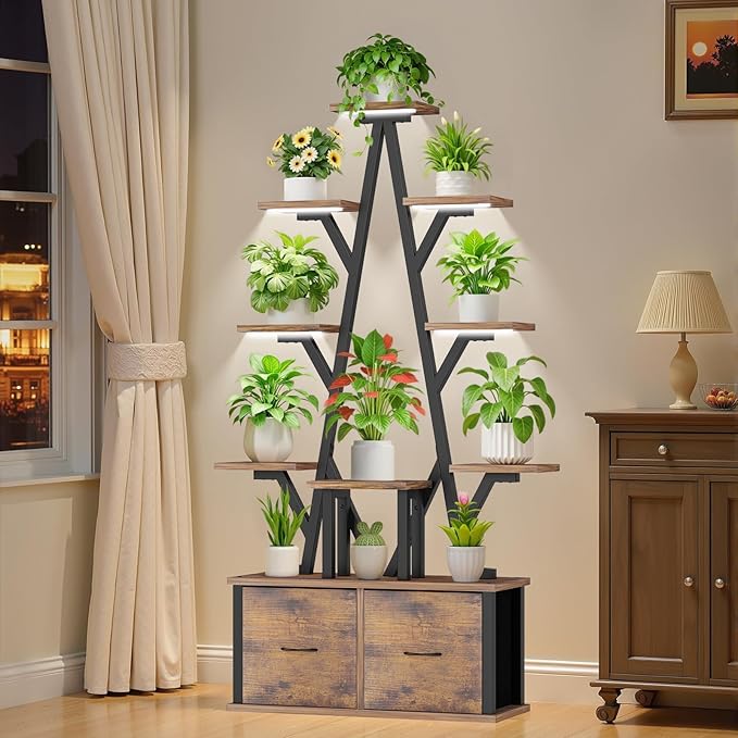 8-Tiered Plant Stand with Grow Lights and Storage Drawer