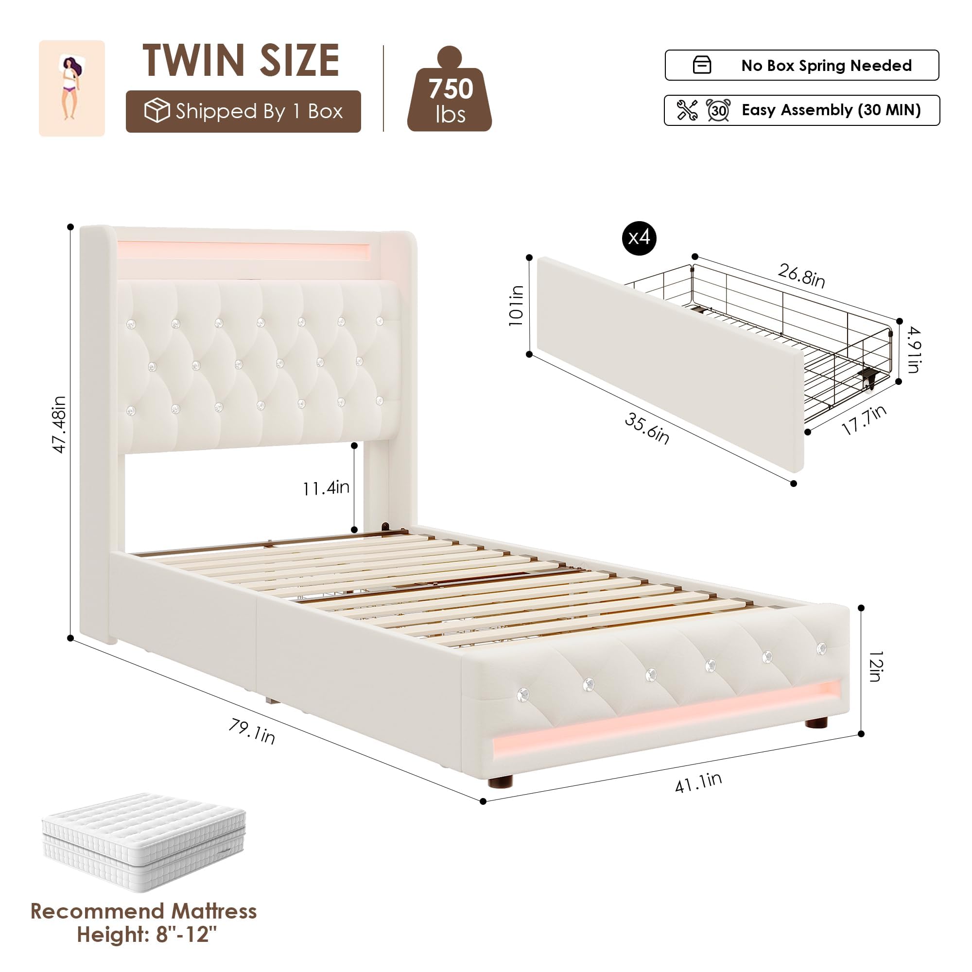 Twin LED Bed Frame with Charging Station & Storage Drawers