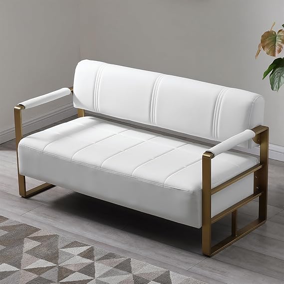 White Faux Leather Loveseat with Gold Metal Armrests