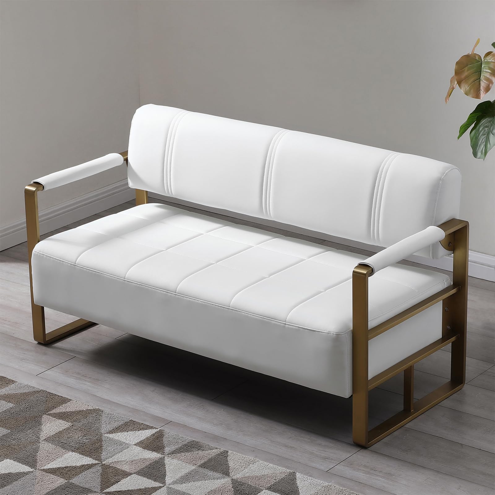 White Faux Leather Loveseat with Gold Metal Armrests