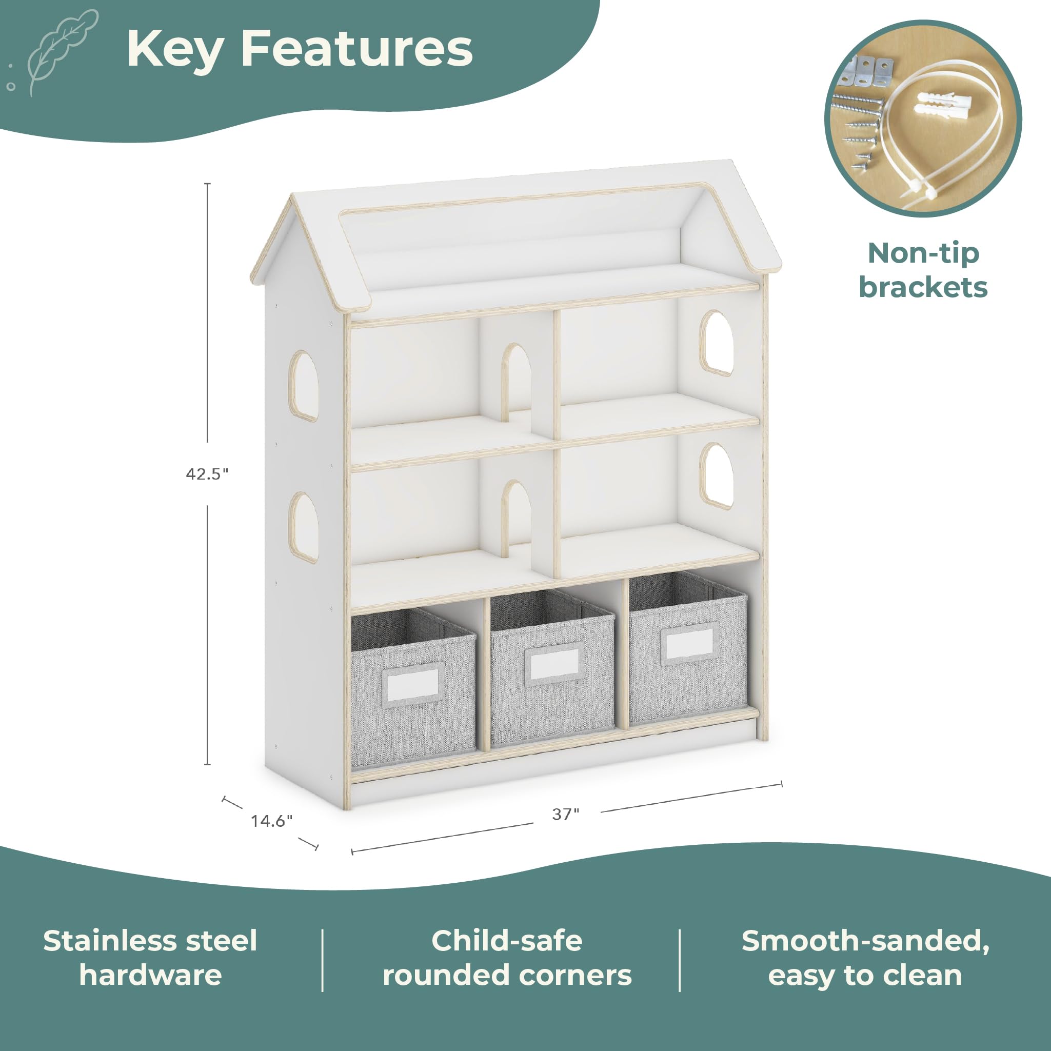 Guidecraft EdQ Dollhouse Bookcase - White: Bookshelf for Kids with Storage Bins for Dolls, Books, Toys, and School Supplies| Kid's Bedroom and Classroom Furniture